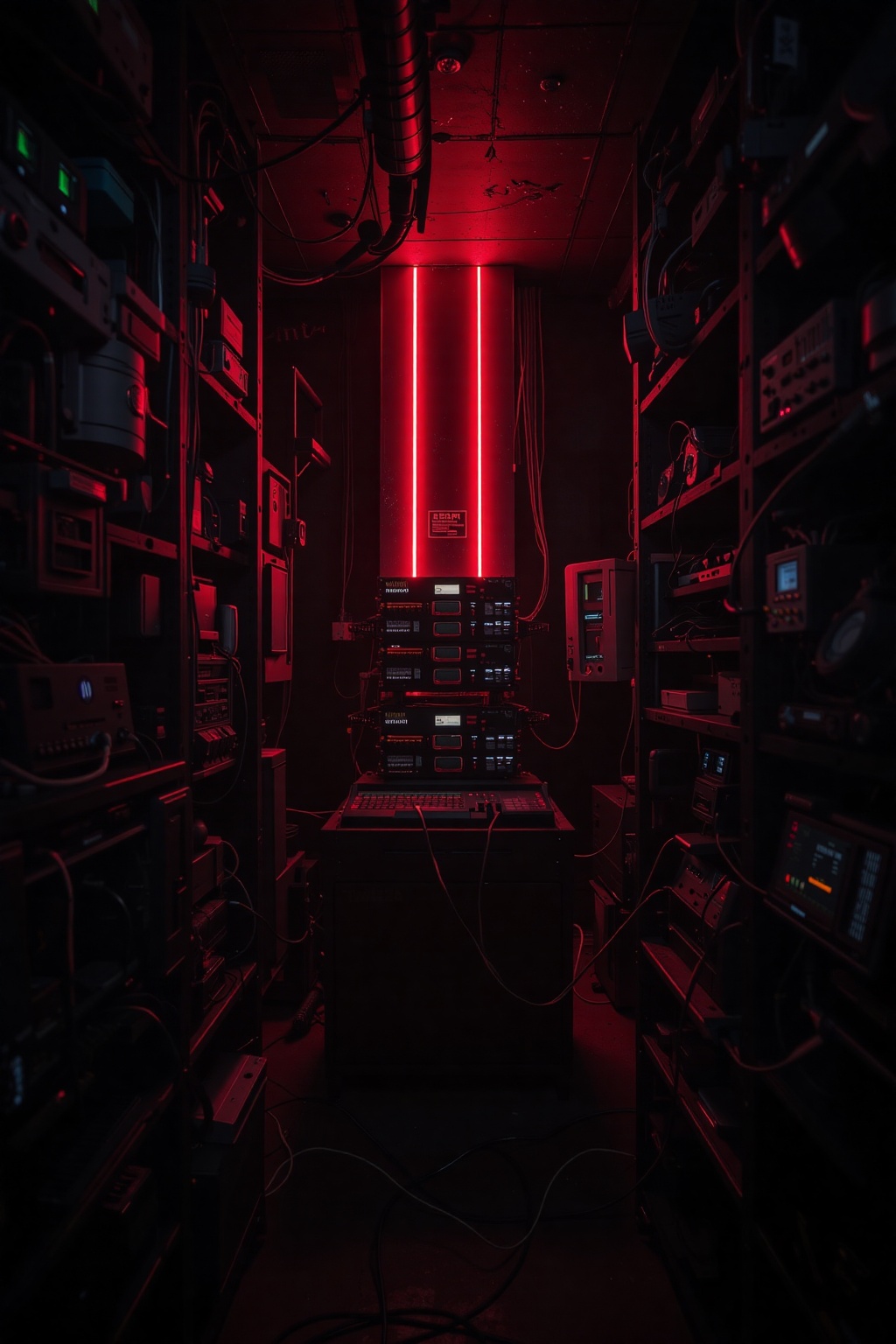 FuturEvoLab_Red,  a vibrant red light fills the center of the room,  adding a pop of color to the otherwise otherwise mono...