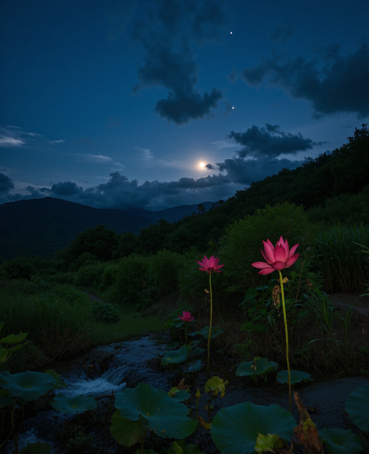 At night,  only the moonlight illuminates,  crooked moon on Tensor.Art