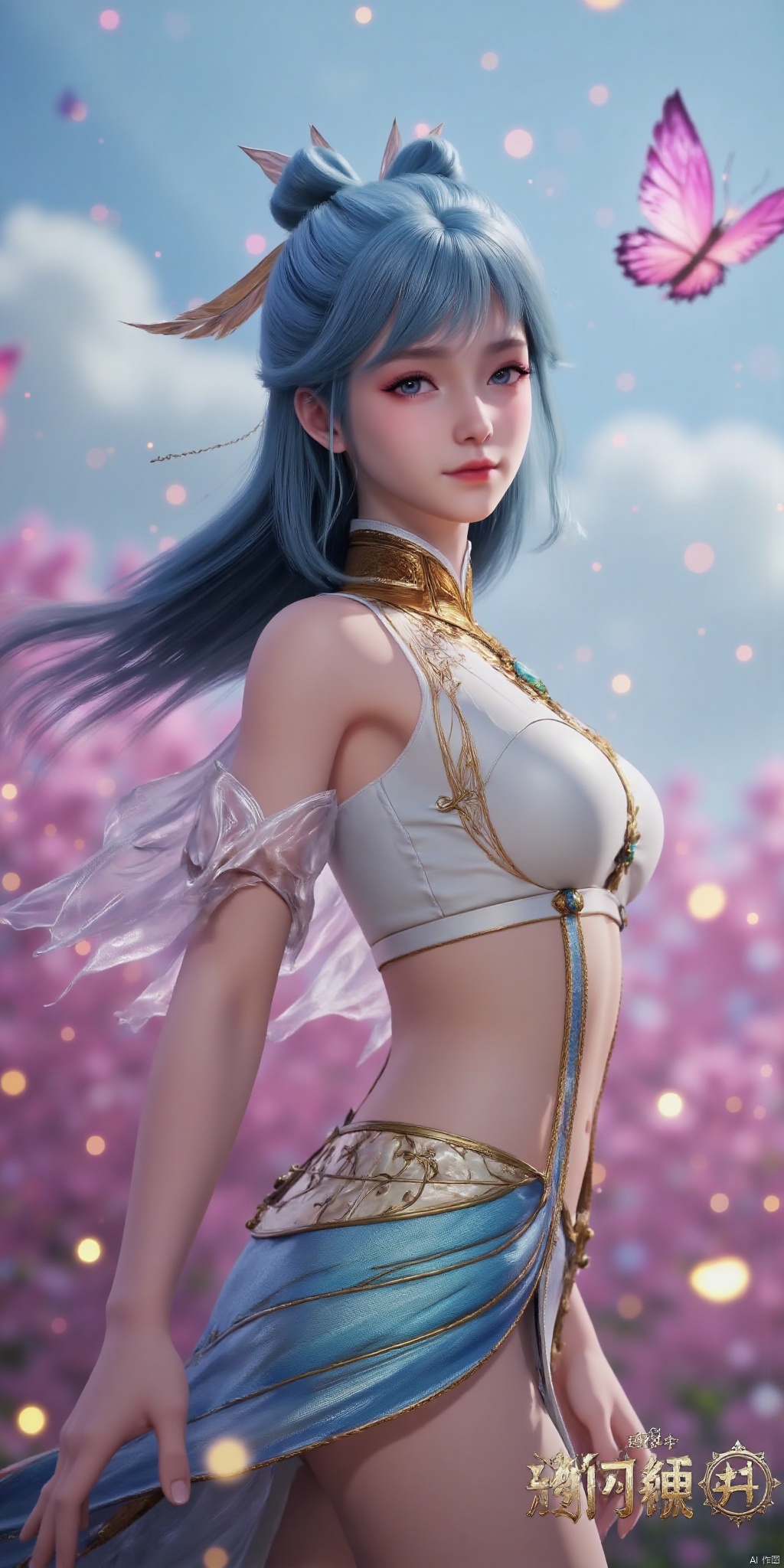 (masterpiece, best quality, ultra-detailed, highres, best illustration),1girl,solo,cowboy shot,looking_at_viewer, side lighting,lustrous skin,(shine),(shiny skin, cetlic elements, norse heritage),ray tracing,wind swept hair,detailed hair,detailed face,depth_of_field,very detailed background,extreme light and shadow,(detailed eyes),perfect anatomy,,dynamic angle,1girl,((sea of pink flowers,with butterflies everywhere.,fluttering butterflies in the sky,colorful auspicious clouds,)), Short top,ultra short skirt ,wangdonger