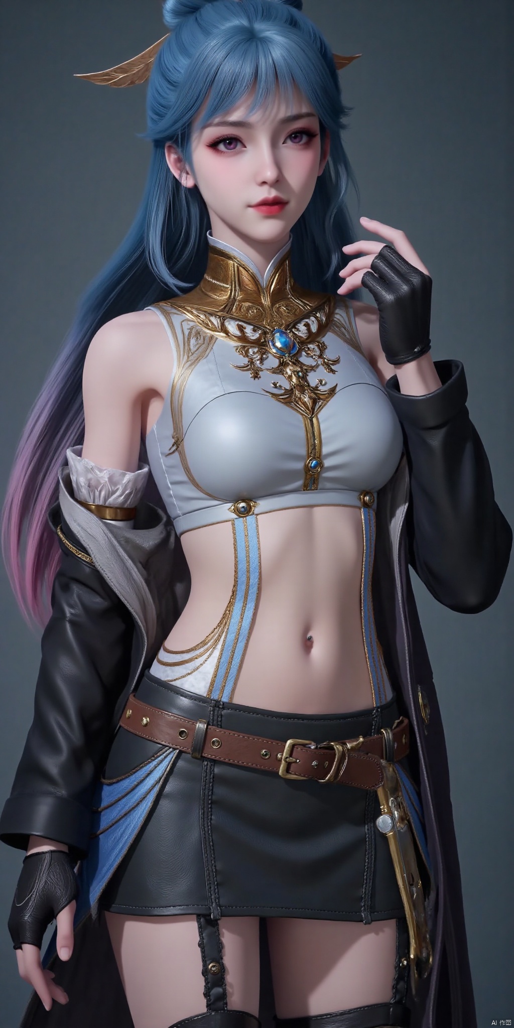 wangdonger,blue hair,solo, 1girl, streaked_hair, cigarette, gloves, jacket, shirt, skirt, holding_cigarette, long_hair, midriff, fingerless_gloves, black_gloves, cleavage, black_hair, belt, breasts, navel, multicolored_hair, black_jacket, holding, open_clothes, jewelry, white_shirt, miniskirt, looking_at_viewer, crop_top, black_skirt, choker, parted_lips, bare_shoulders, red_eyes, open_jacket, sleeveless_shirt, sleeveless, off_shoulder, cross, red_hair, necklace, black_choker, cowboy_shot, pleated_skirt, stomach, thigh_strap, cross_necklace, front-tie_top, collared_shirt, long_sleeves, medium_breasts, very_long_hair, standing, hand_up, collarbone, smoking, hair_between_eyes, groin, thighs, sidelocks, piercing, ear_piercing, garter_straps