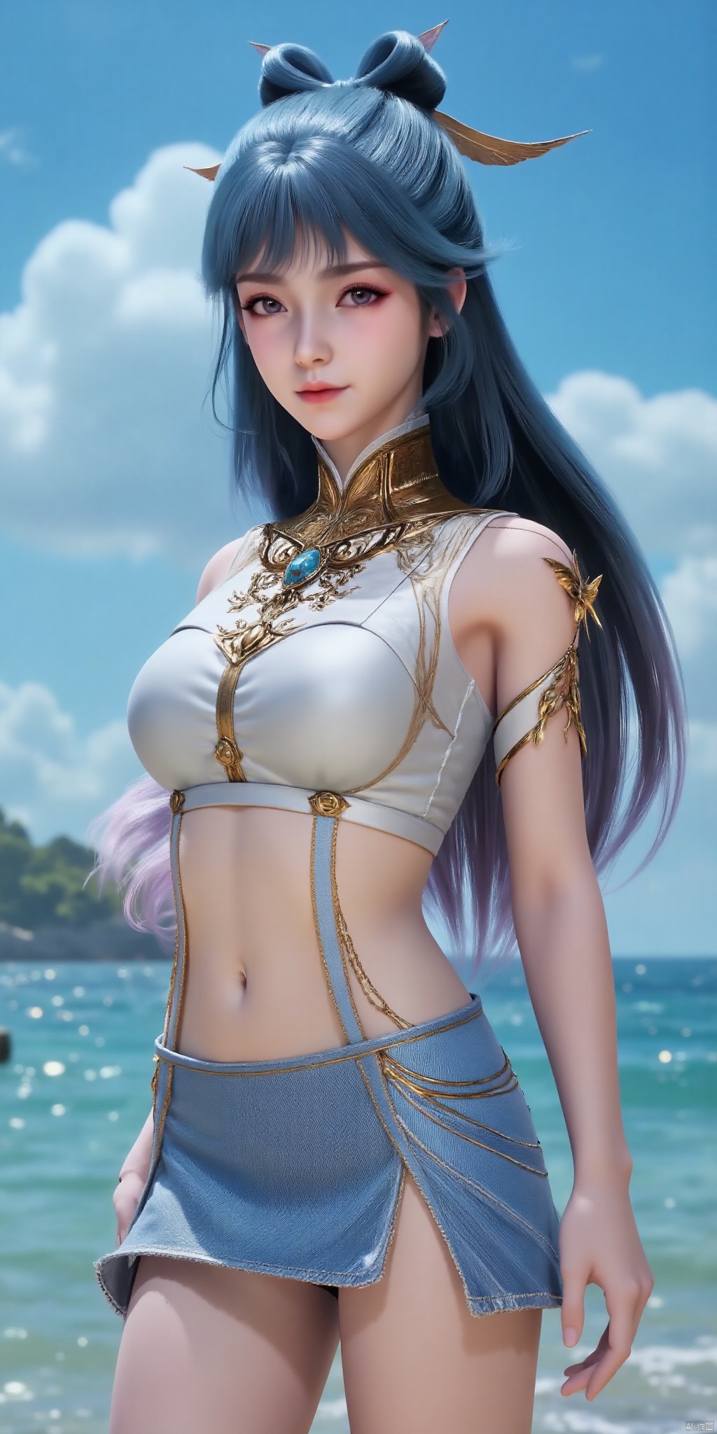 ,(Good structure), DSLR Quality,Short skirt,Blue sky, white clouds, ocean,((Surf)), nai3, 1girl, solo, crop top, , choker, navel, shirt, midriff, crop top overhang, looking at viewer, white shirt, jewelry, breasts, bare shoulders, off-shoulder shirt, off shoulder, black choker, thighs, stomach, long hair, bracelet, short sleeves, ribbon, hand up, collarbone, hair ribbon, medium breasts, , bra strap, , hair ornament, thigh gap, necklace, expressionless, , ,,wangdonger