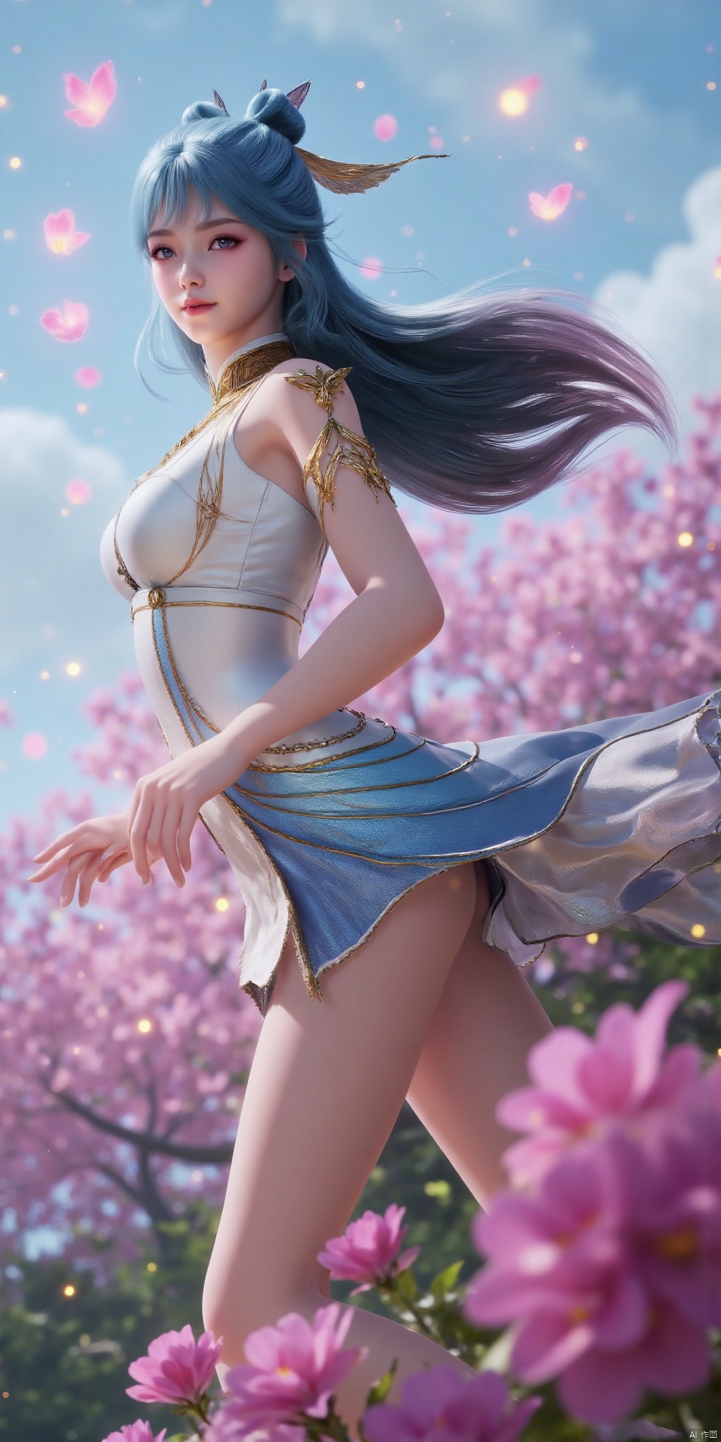 (masterpiece, best quality, ultra-detailed, highres, best illustration),1girl,solo,cowboy shot,looking_at_viewer, side lighting,lustrous skin,(shine),(shiny skin, cetlic elements, norse heritage),ray tracing,wind swept hair,detailed hair,detailed face,depth_of_field,very detailed background,extreme light and shadow,(detailed eyes),perfect anatomy,,dynamic angle,1girl,((sea of pink flowers,with butterflies everywhere.,fluttering butterflies in the sky,colorful auspicious clouds,)), Short top,ultra short skirt ,wangdonger