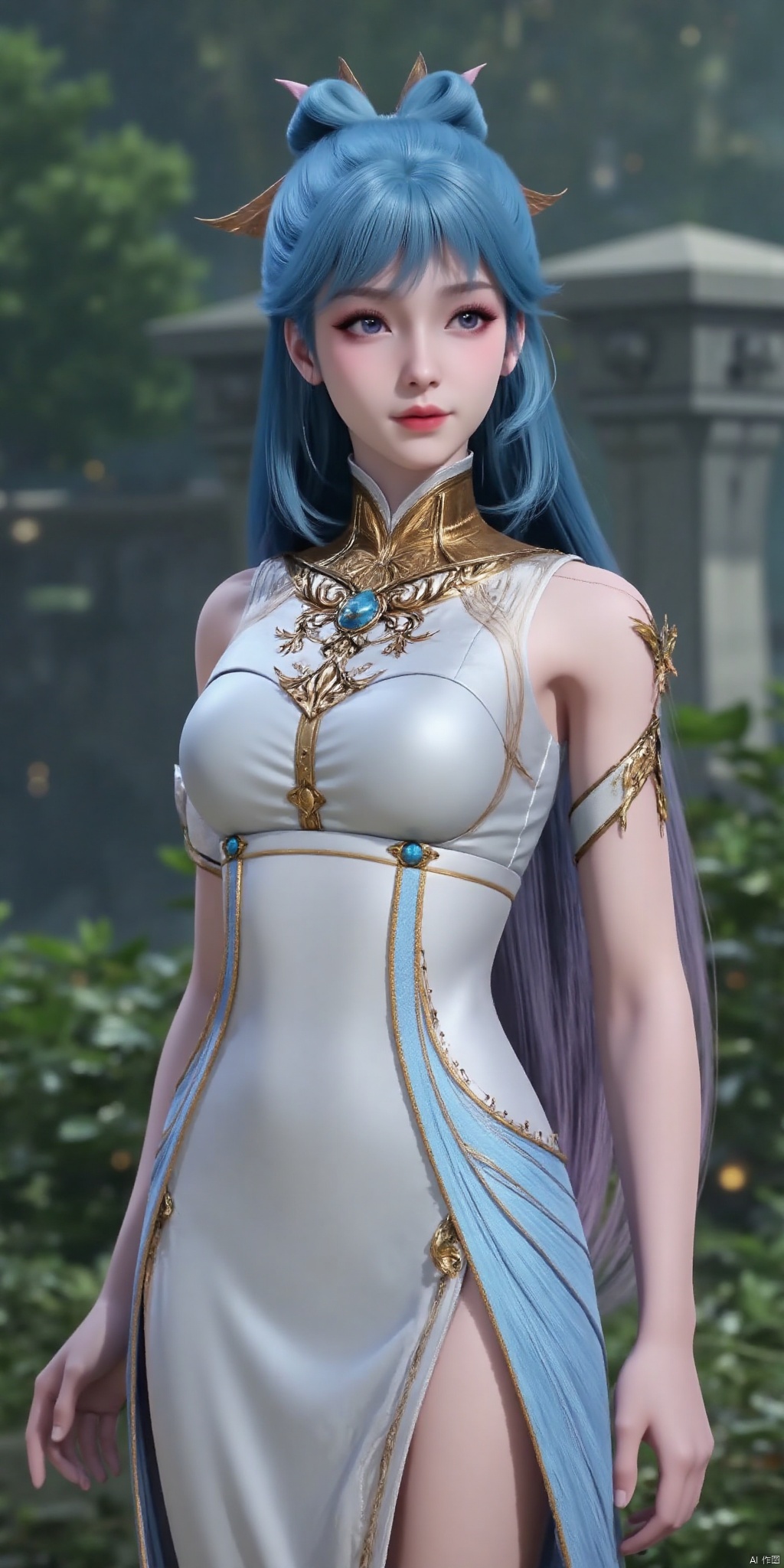 wangdonger,blue hair,solo, 1girl, dress,