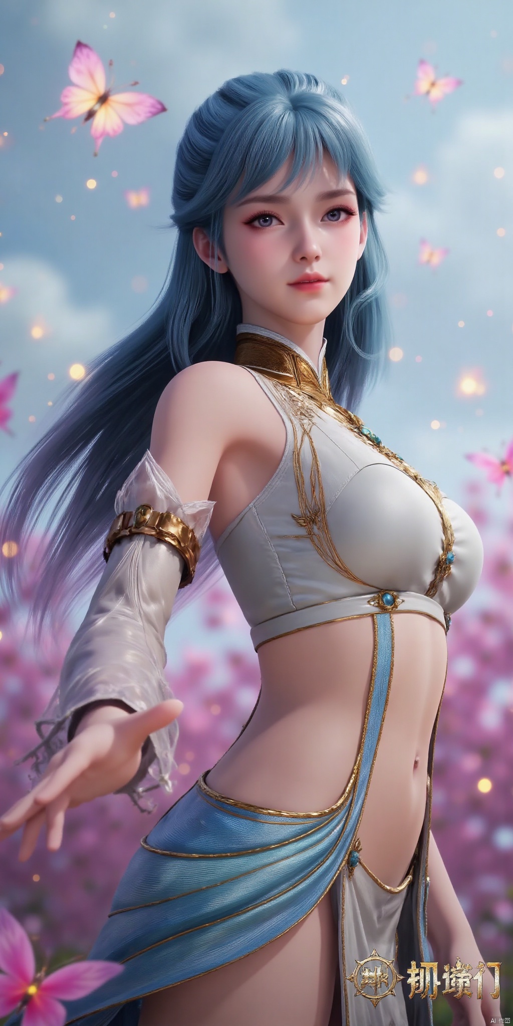 (masterpiece, best quality, ultra-detailed, highres, best illustration),1girl,solo,cowboy shot,looking_at_viewer, side lighting,lustrous skin,(shine),(shiny skin, cetlic elements, norse heritage),ray tracing,wind swept hair,detailed hair,detailed face,depth_of_field,very detailed background,extreme light and shadow,(detailed eyes),perfect anatomy,,dynamic angle,1girl,((sea of pink flowers,with butterflies everywhere.,fluttering butterflies in the sky,colorful auspicious clouds,)), Short top,ultra short skirt ,wangdonger