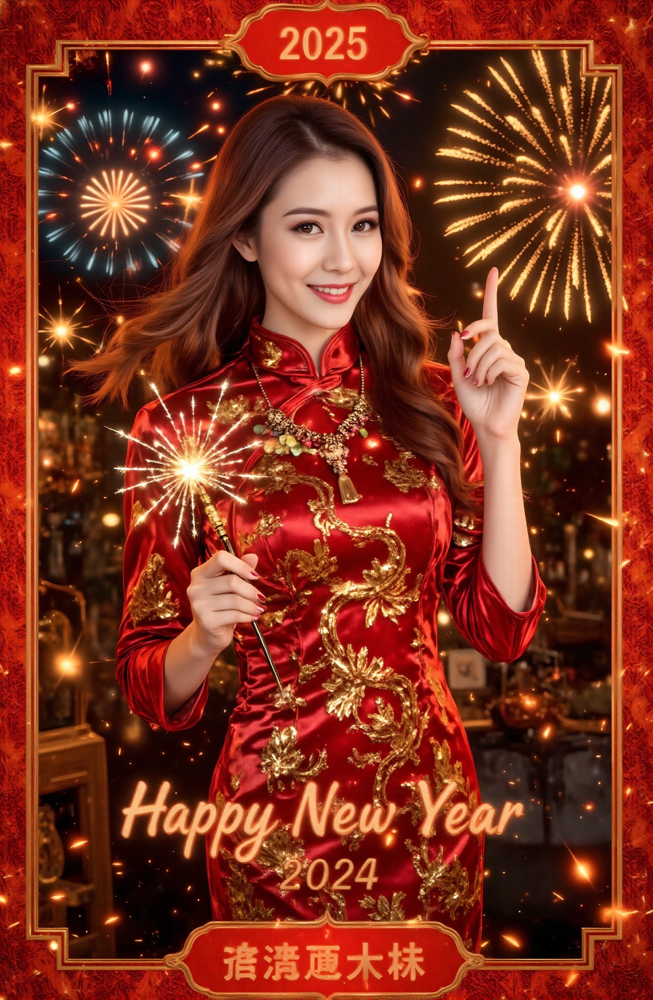 Score_9 is a tarot card that tells the story of a woman in a festive red cheongsam preparing to celebrate the New Year und...