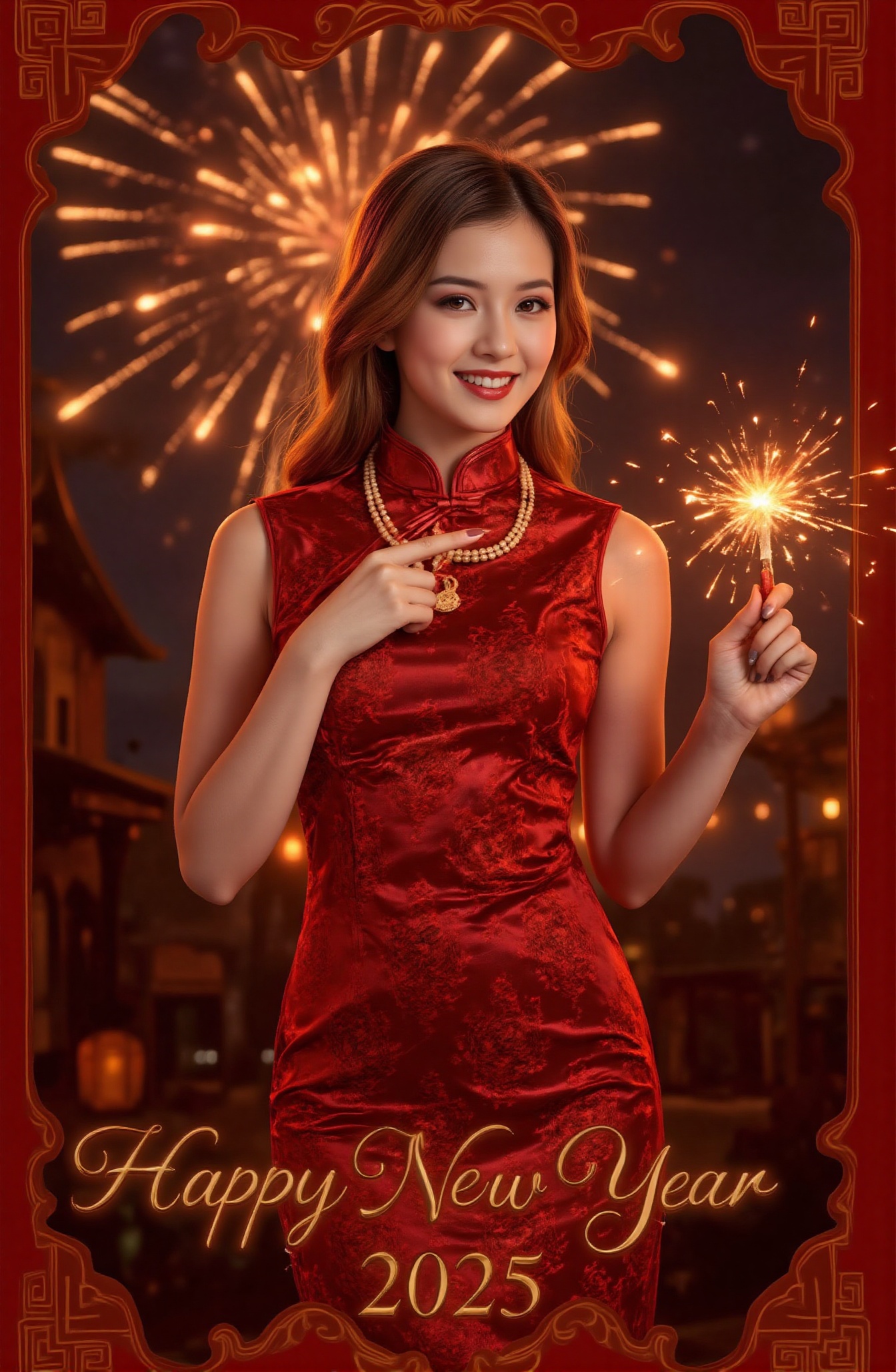 Score_9 is a tarot card that tells the story of a woman in a festive red cheongsam preparing to celebrate the New Year und...