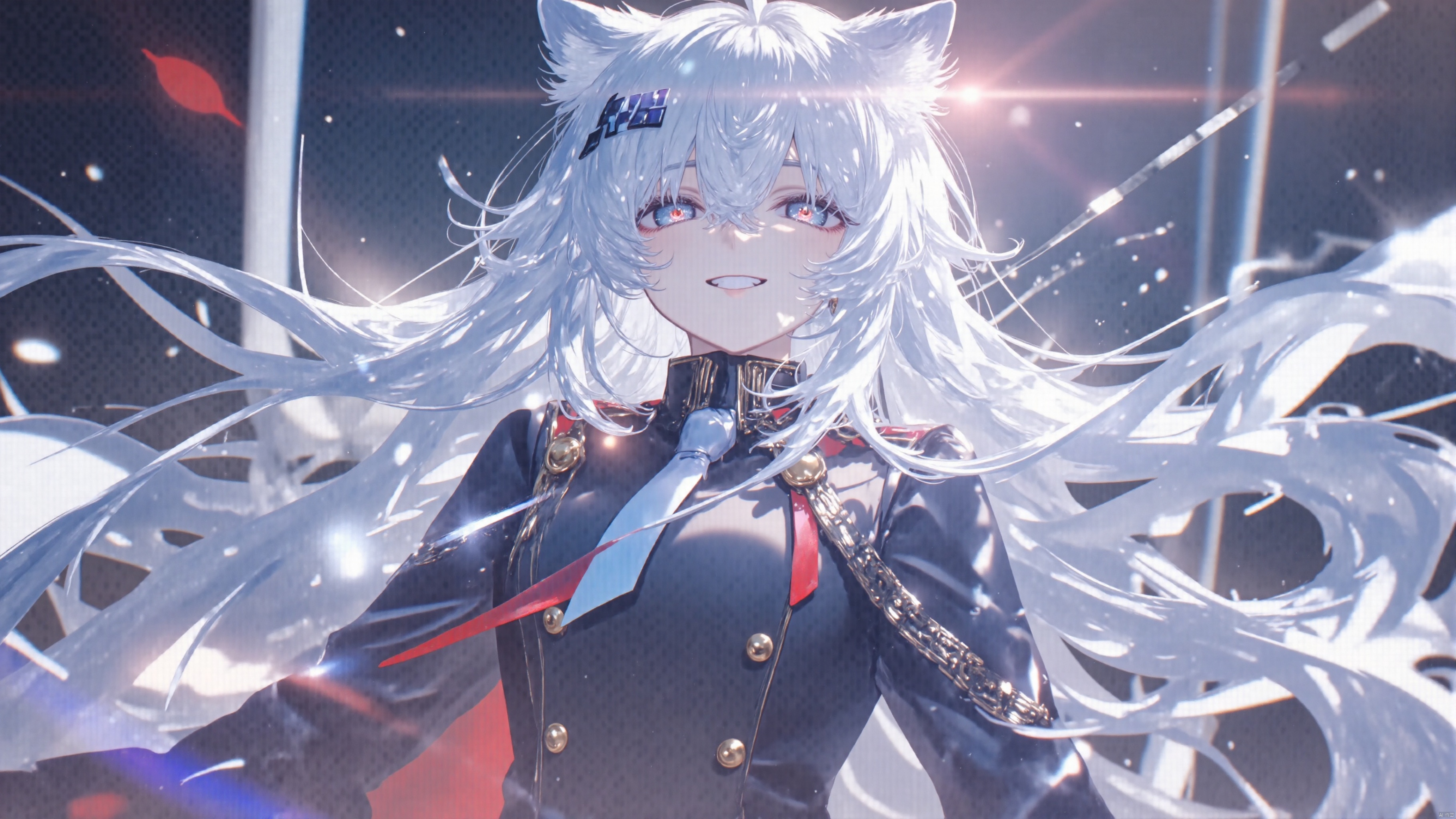 Girl, lappland, smile, full_shot,medium_shot,highres,illustration, masterpiece,best quality,
1girl,long white hair,military-style black jacket,single, long hair, backlighting,depth of field,cinematic lighting,light particles,lens flare, wolf ears,(artist:quasarcake:0.8),extreme aesthetic,(wlop:0.6),honjou honjou raita,lack,rella,wanke, raita,lack,rella,wanke,masterpiece,best quality,good quality,newest,year 2024,year 2023,very aesthetic,absurdres,Visual impact,A shot with tension, ultra-high resolution,32K UHD,sharp focus,best quality,masterpiece,Emotionalization,unconventional supreme masterpiece,masterful details,temperate atmosphere,with a high end texture,in the style of fashion photography, (Visual impact:1.2),giving the poster a dynamic and visually striking appearance,impactful picture,offcial art,colorful,splash of color,movie perspective, masterpiece,best quality,amazing quality,very aesthetic,absurdres,best quality,newest,gylm,wxst,Lappland