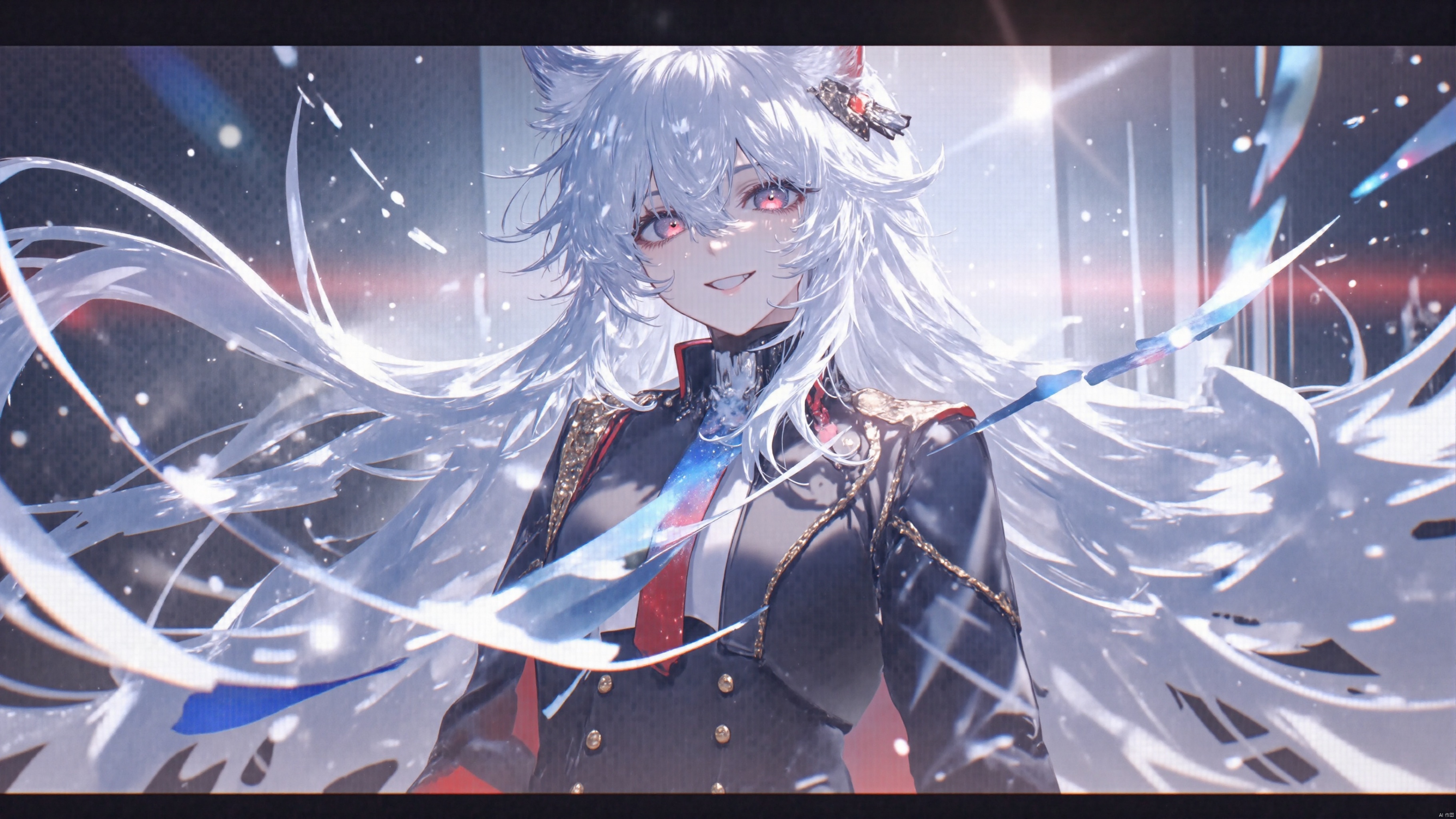 Girl, lappland, smile, full_shot,medium_shot,highres,illustration, masterpiece,best quality,
1girl,long white hair,military-style black jacket,single, long hair, backlighting,depth of field,cinematic lighting,light particles,lens flare, wolf ears,(artist:quasarcake:0.8),extreme aesthetic,(wlop:0.6),honjou honjou raita,lack,rella,wanke, raita,lack,rella,wanke,masterpiece,best quality,good quality,newest,year 2024,year 2023,very aesthetic,absurdres,Visual impact,A shot with tension, ultra-high resolution,32K UHD,sharp focus,best quality,masterpiece,Emotionalization,unconventional supreme masterpiece,masterful details,temperate atmosphere,with a high end texture,in the style of fashion photography, (Visual impact:1.2),giving the poster a dynamic and visually striking appearance,impactful picture,offcial art,colorful,splash of color,movie perspective, masterpiece,best quality,amazing quality,very aesthetic,absurdres,best quality,newest,gylm,wxst,Lappland