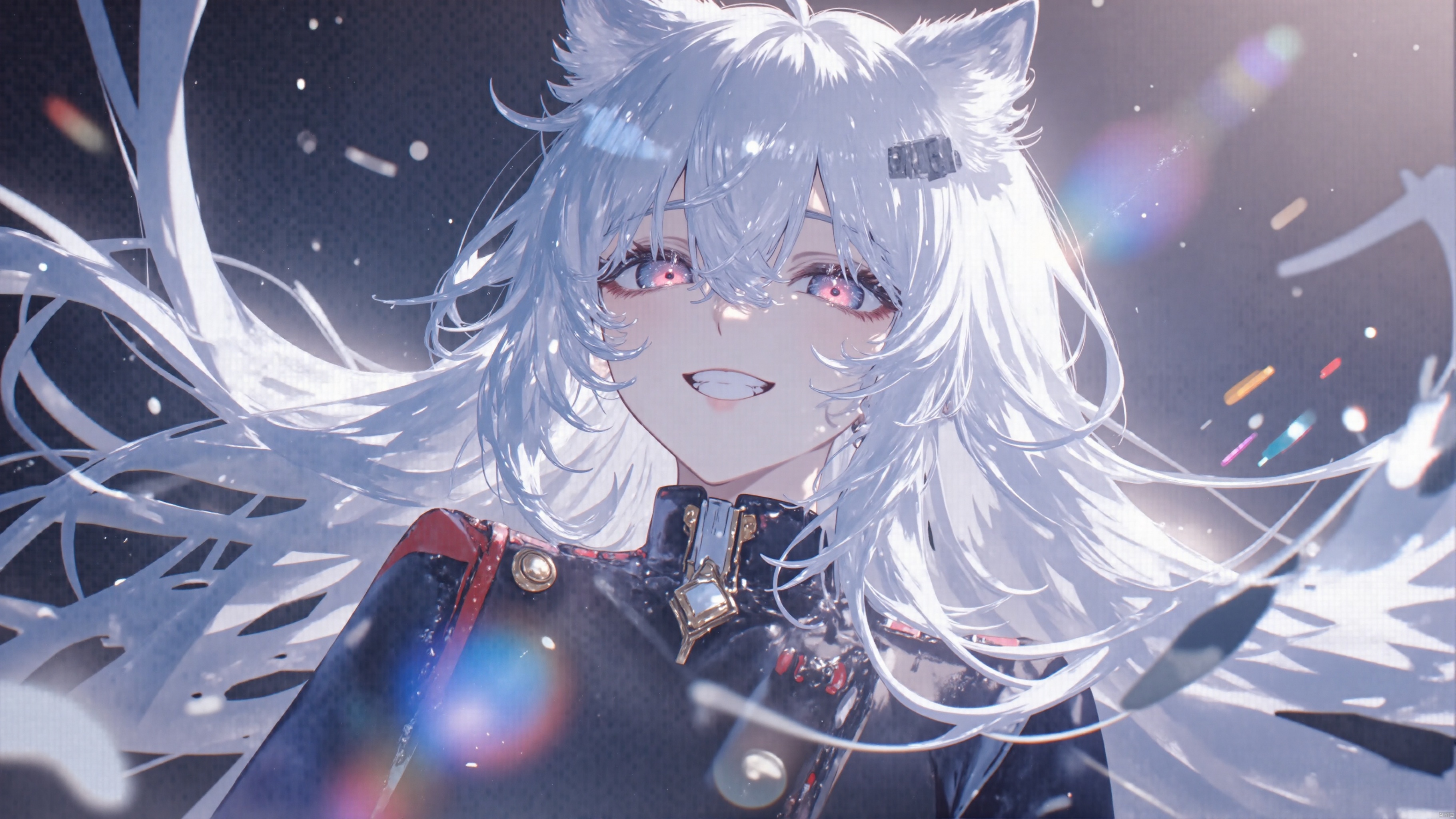 Girl, lappland, smile, full_shot,medium_shot,highres,illustration, masterpiece,best quality,
1girl,long white hair,military-style black jacket,single, long hair, backlighting,depth of field,cinematic lighting,light particles,lens flare, wolf ears,(artist:quasarcake:0.8),extreme aesthetic,(wlop:0.6),honjou honjou raita,lack,rella,wanke, raita,lack,rella,wanke,masterpiece,best quality,good quality,newest,year 2024,year 2023,very aesthetic,absurdres,Visual impact,A shot with tension, ultra-high resolution,32K UHD,sharp focus,best quality,masterpiece,Emotionalization,unconventional supreme masterpiece,masterful details,temperate atmosphere,with a high end texture,in the style of fashion photography, (Visual impact:1.2),giving the poster a dynamic and visually striking appearance,impactful picture,offcial art,colorful,splash of color,movie perspective, masterpiece,best quality,amazing quality,very aesthetic,absurdres,best quality,newest,gylm,wxst,Lappland