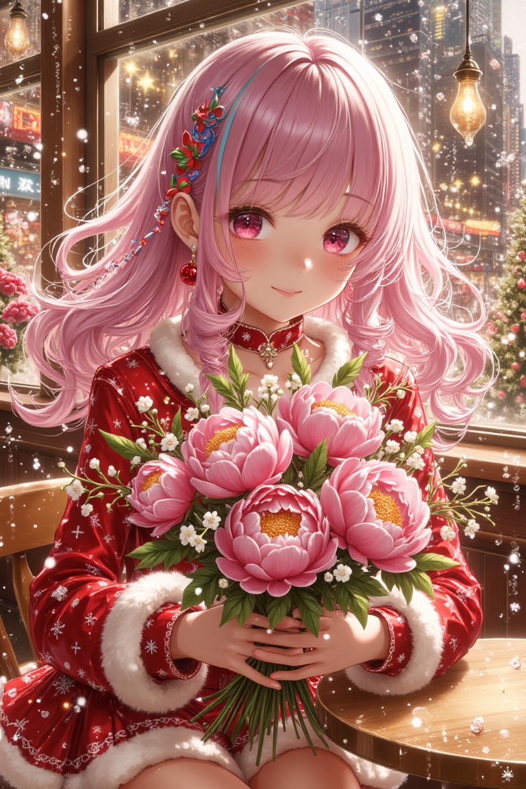 A lively Christmas scene in a metropolis cafe featuring a kawaii anime girl with rainbow-colored curly hair,  holding a bo...