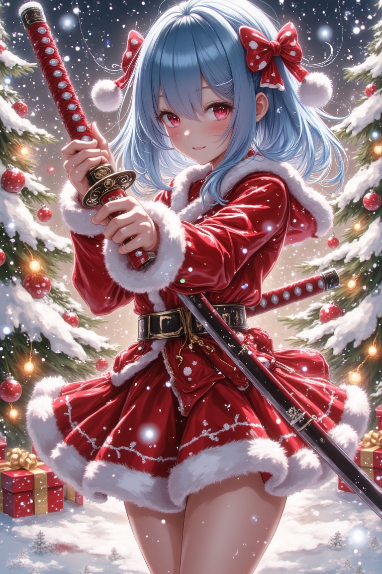 A festive Christmas scene featuring a kawaii anime woman with blue hair,  holding a katana. She stands confidently in a sn...