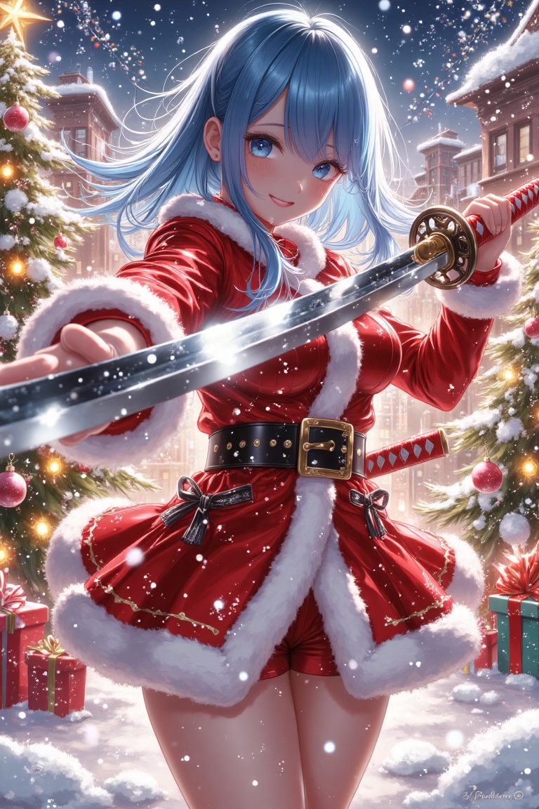 A festive Christmas scene featuring a kawaii anime woman with blue hair,  holding a katana. She stands confidently in a sn...