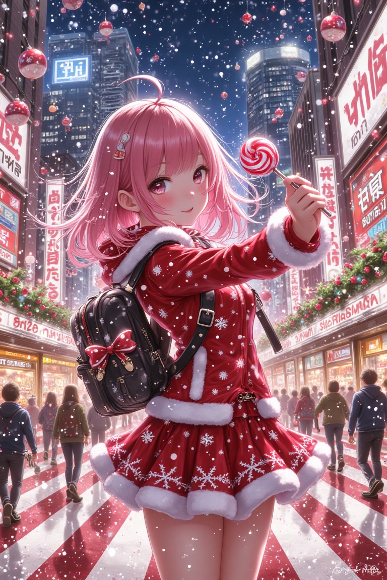 A vibrant Christmas scene in a bustling metropolis featuring a kawaii anime girl with pink hair,  holding a candy lollipop...