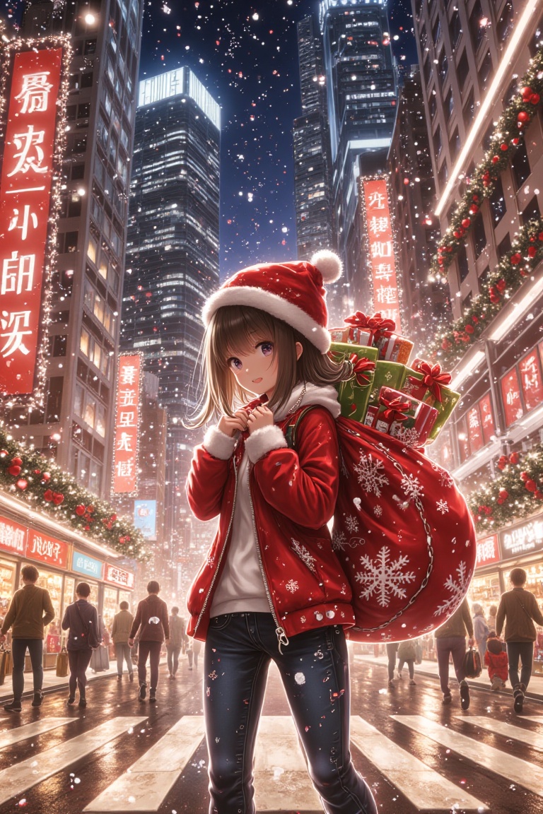 A festive Christmas scene in a bustling metropolis featuring a kawaii anime girl in casual wear,  carrying a full bag of C...