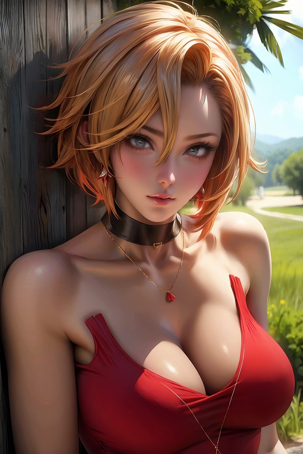 1girl
solo
breasts
short hair
large breasts
dress
cleavage
jewelry
collarbone
earrings
necklace
tree
mature female
