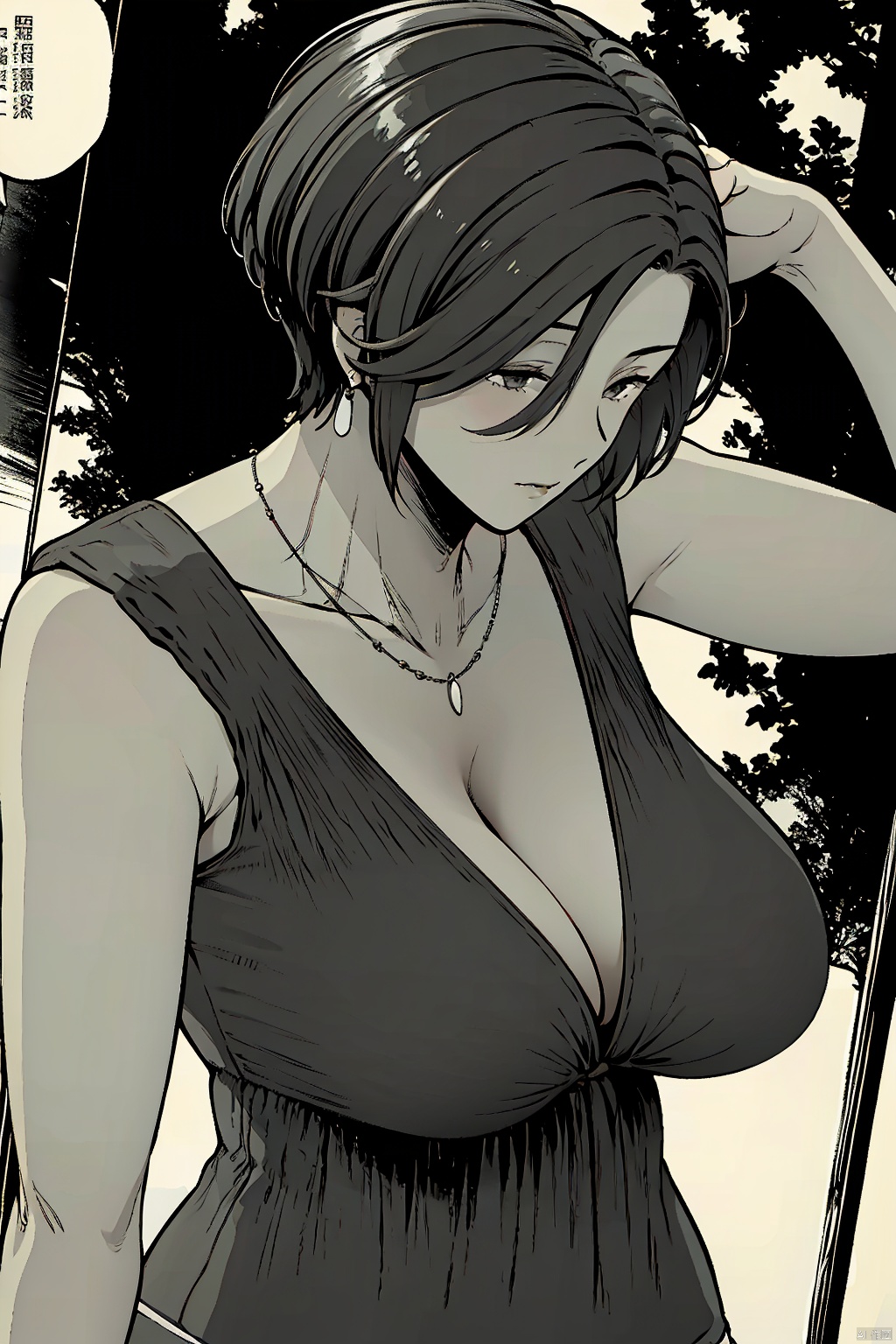 1girl
solo
breasts
short hair
large breasts
dress
cleavage
jewelry
collarbone
monochrome
greyscale
earrings
necklace
tree
mature female
