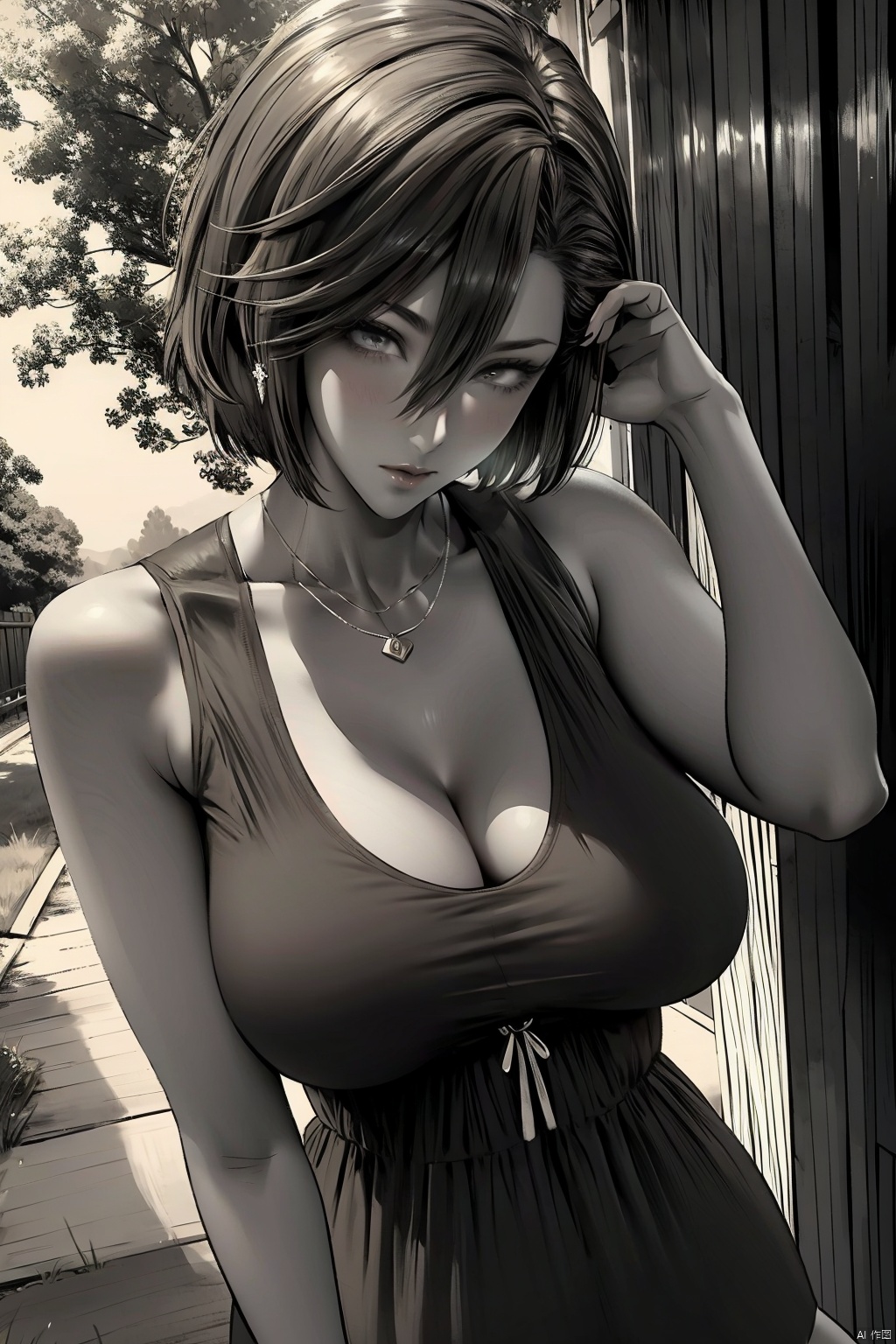 1girl
solo
breasts
short hair
large breasts
dress
cleavage
jewelry
collarbone
monochrome
greyscale
earrings
necklace
tree
mature female
