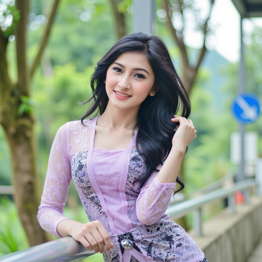 A high quality photo of a woman with long,  wavy black hair,  wearing a purple and white patterned kebaya on Tensor.Art