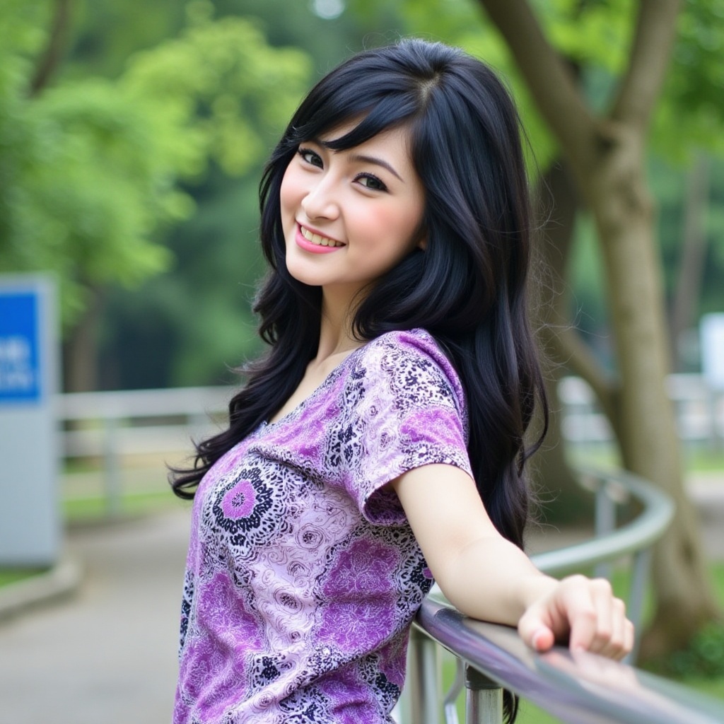A high quality photo of a woman with long,  wavy black hair,  wearing a purple and white patterned top on Tensor.Art