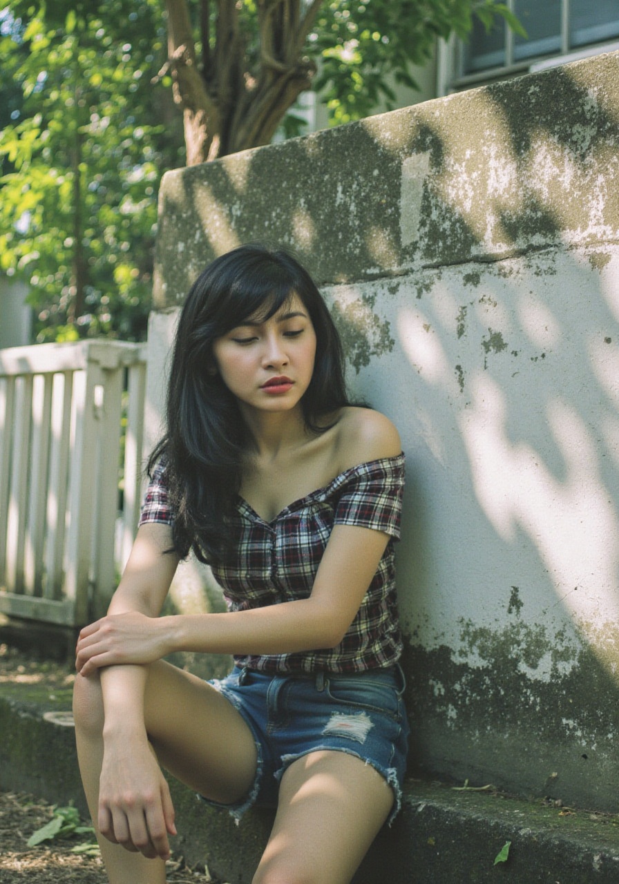 A minimalist portrait featuring Ocha,  a young Indonesian woman with long black hair,  sitted against a textured white old...