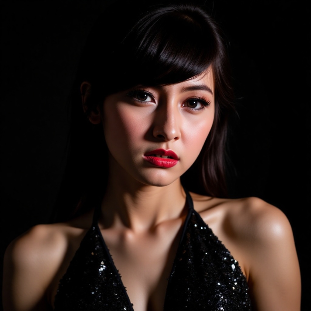 Close-up shot photo of an Indonesian woman with a serious expression,  wearing a black sequined halter top,  dark brown ha...