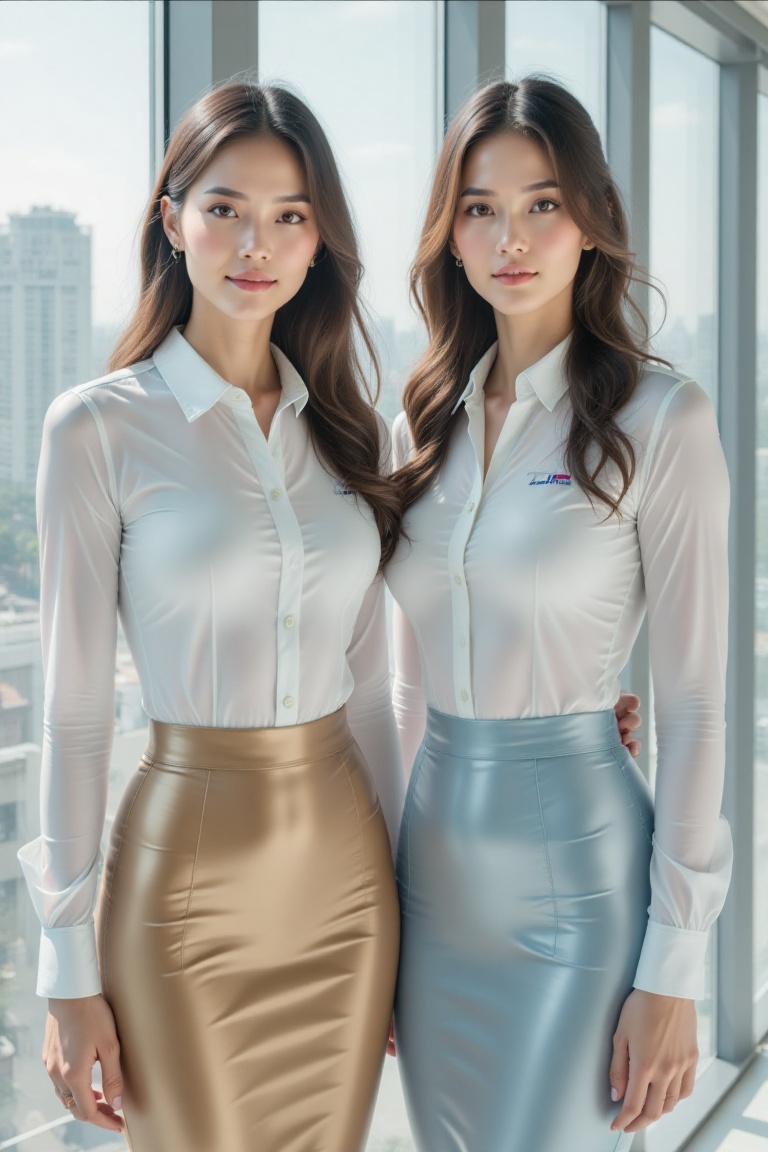 Two elegant women are depicted standing side by side in a modern office setting,  exuding a professional yet glamorous aes...