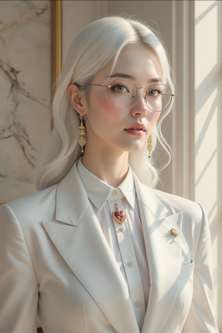 "A strikingly elegant character stands in a softly lit room,  radiating an aura of sophistication and poise. He has sharp,...