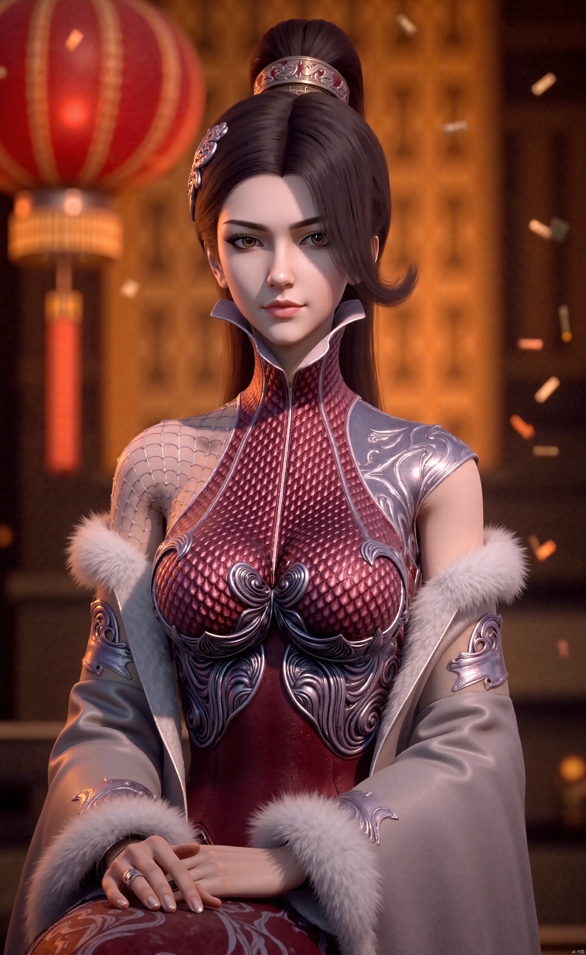 the image is a vibrant, high-resolution photograph celebrating the chinese new year, specifically the year of the tiger in 2022. the subject is a young woman of east asian descent, dressed in elaborate traditional chinese new year attire. she is seated in front of a warm, golden background adorned with festive elements such as red lanterns and golden confetti.

she wears a striking red and white traditional chinese outfit, featuring a white robe with intricate golden embroidery and a red sash. her outfit is adorned with fluffy white fur trim, typical of winter clothing in chinese culture, red and gold colors, and intricate designs, symbolizing the year of the tiger.bun