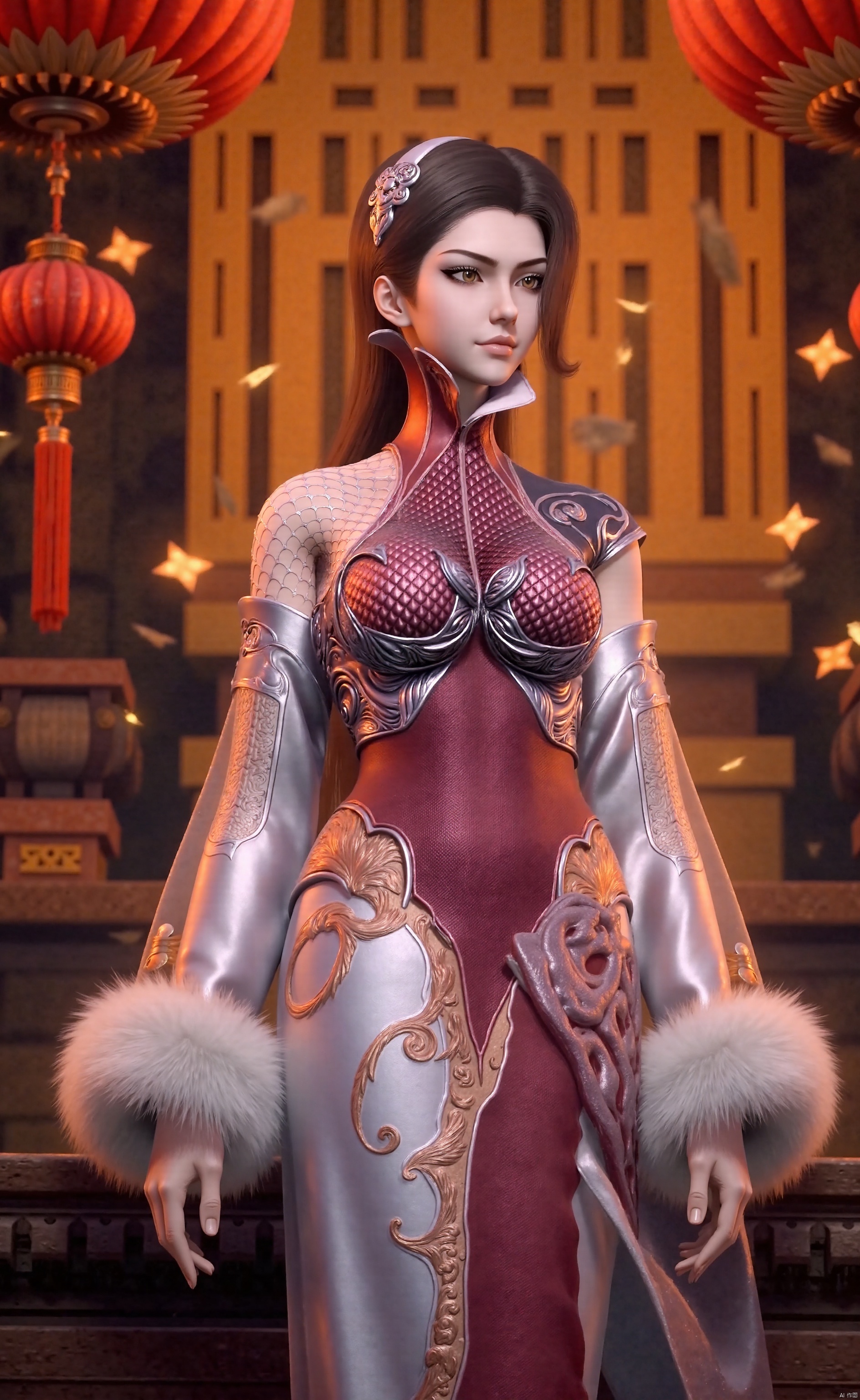 the image is a vibrant, high-resolution photograph celebrating the chinese new year, specifically the year of the tiger in 2022. the subject is a young woman of east asian descent, dressed in elaborate traditional chinese new year attire. she is seated in front of a warm, golden background adorned with festive elements such as red lanterns and golden confetti.

she wears a striking red and white traditional chinese outfit, featuring a white robe with intricate golden embroidery and a red sash. her outfit is adorned with fluffy white fur trim, typical of winter clothing in chinese culture, red and gold colors, and intricate designs, symbolizing the year of the tiger.bun