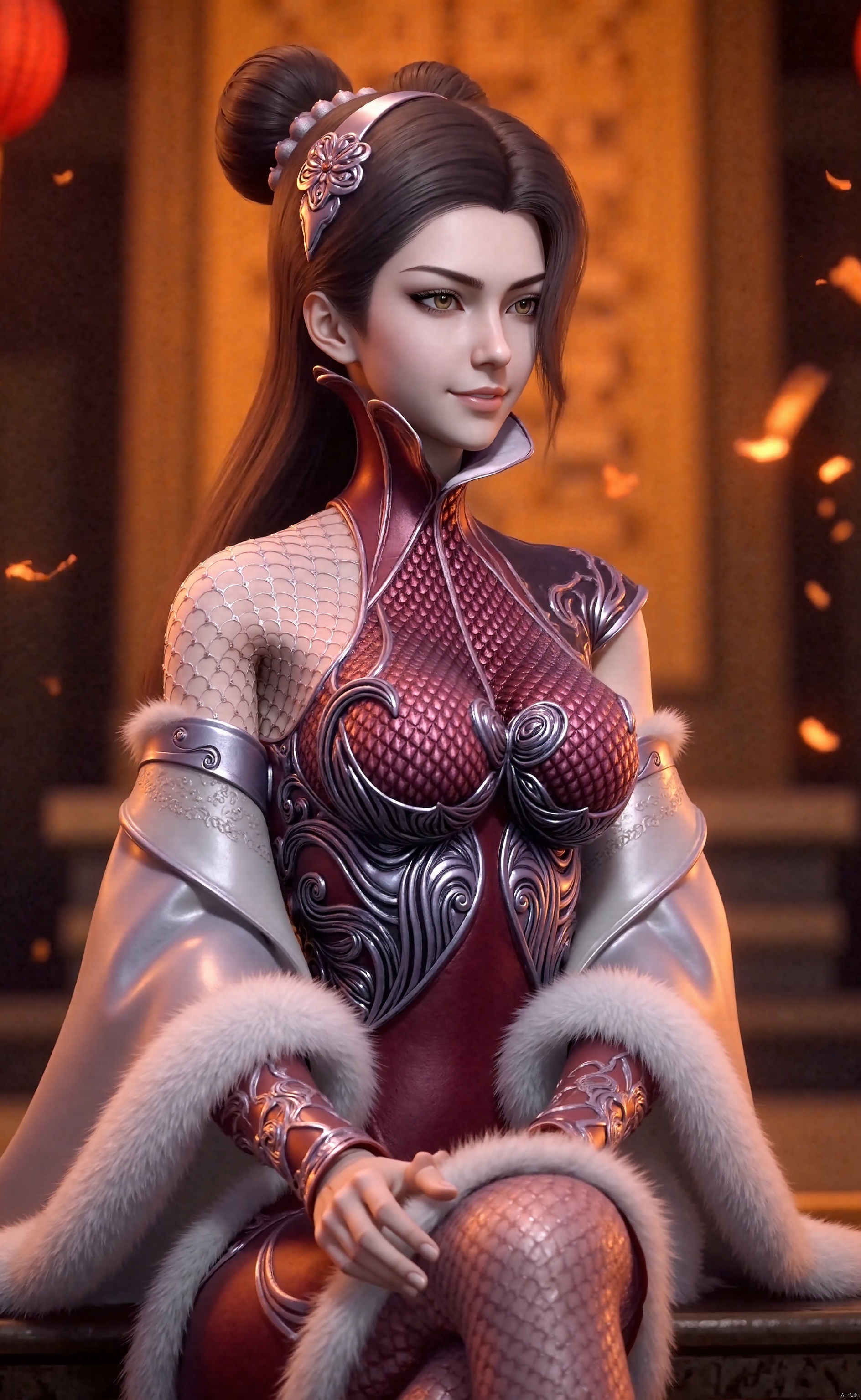 the image is a vibrant, high-resolution photograph celebrating the chinese new year, specifically the year of the tiger in 2022. the subject is a young woman of east asian descent, dressed in elaborate traditional chinese new year attire. she is seated in front of a warm, golden background adorned with festive elements such as red lanterns and golden confetti.

she wears a striking red and white traditional chinese outfit, featuring a white robe with intricate golden embroidery and a red sash. her outfit is adorned with fluffy white fur trim, typical of winter clothing in chinese culture, red and gold colors, and intricate designs, symbolizing the year of the tiger.bun