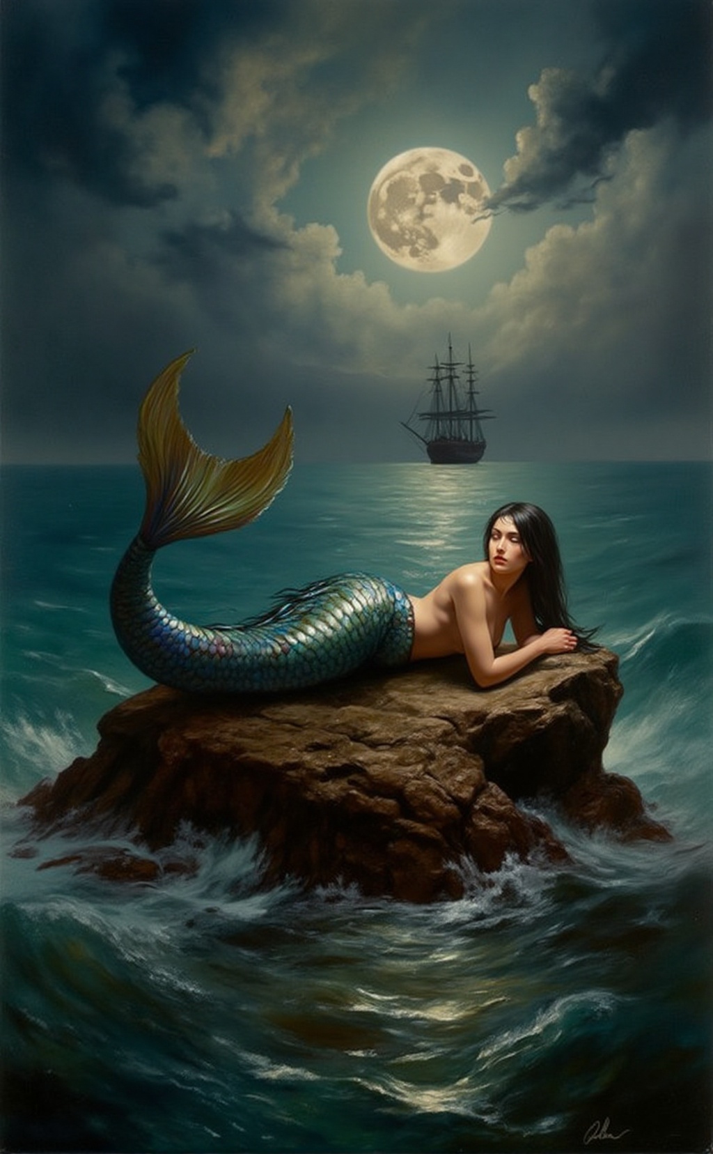 A highly detailed,  dramatic fabelrealm style painting reminiscent of classical art. A striking mermaid reclines on a jagg...