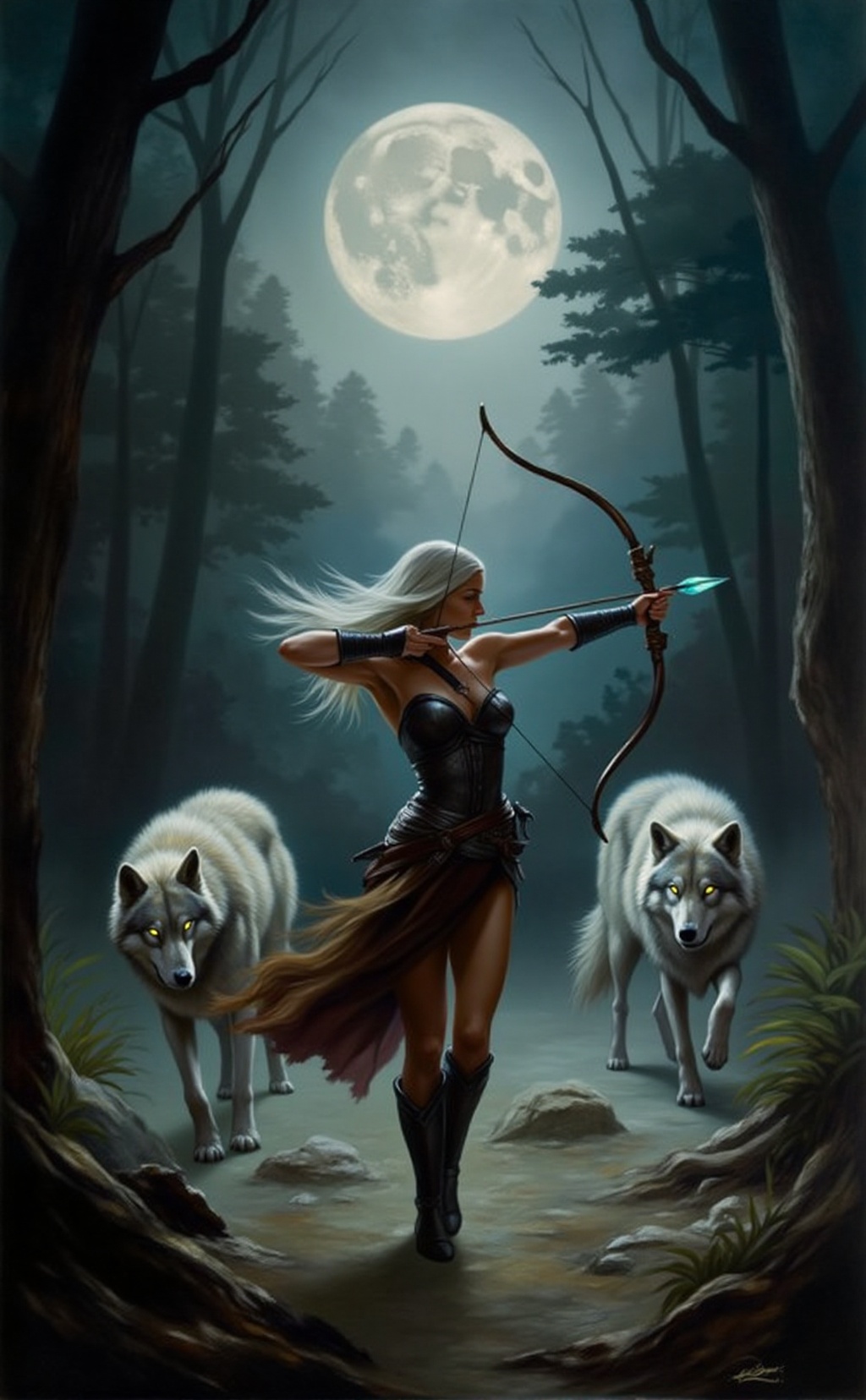 A highly detailed,  atmospheric fabelrealm style painting. A fierce huntress stands in a moonlit clearing,  her sleek on T...