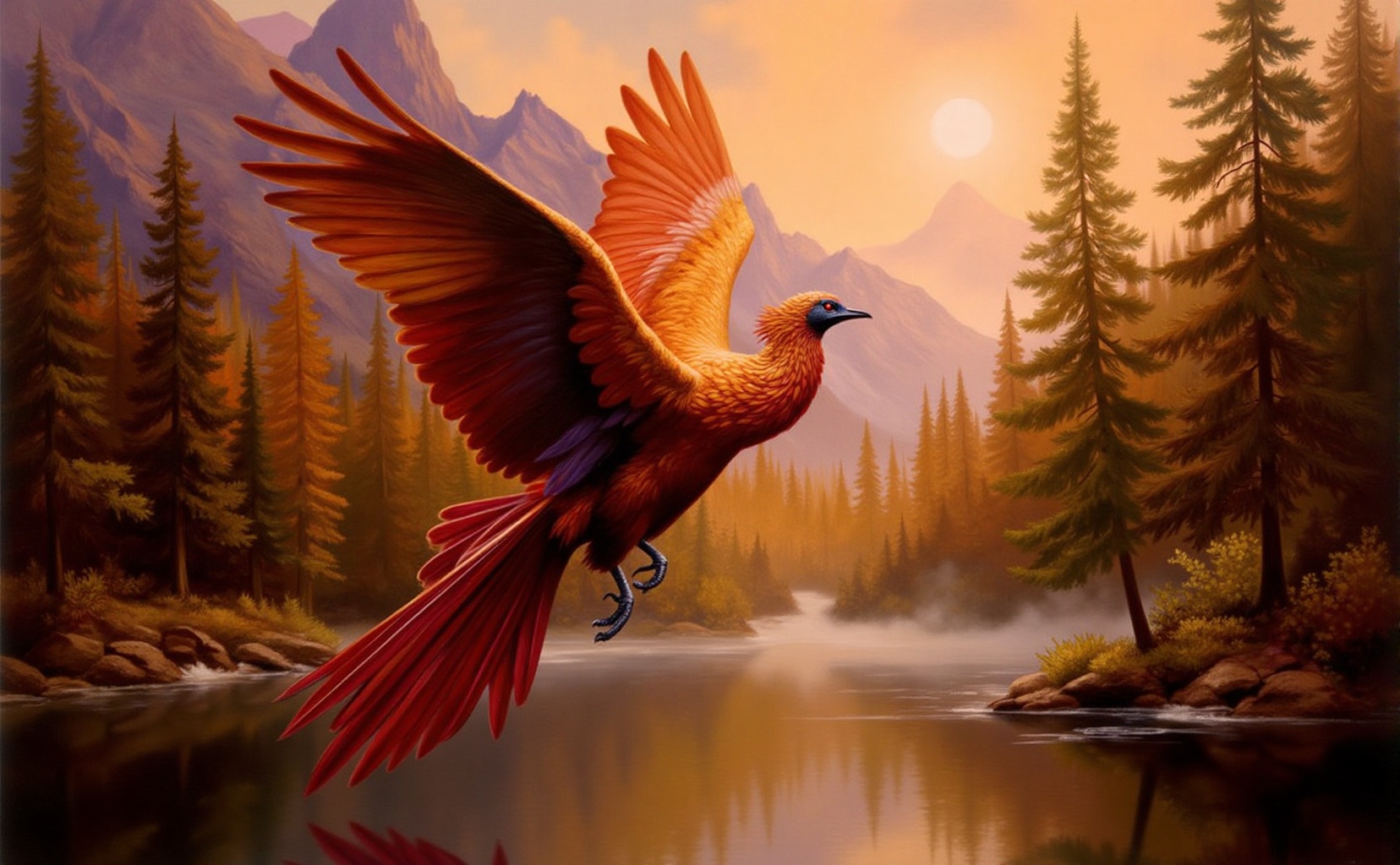 A dramatic and highly detailed fabelrealm style painting. The central figure is a magnificent bird with vibrant plumage—fi...
