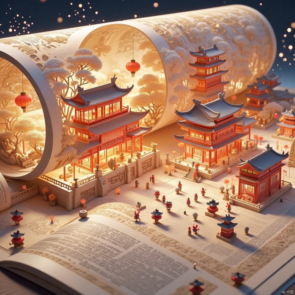 NYSS,NYZG,Chinese architecture,
A close-up of an ancient Chinese building can be seen on a page of a book depicting this Chinese New Year, with lanterns hanging from the ancient building, fireworks in the sky, the city a Chinese New Year festive red decorations, and many Chinese cartoon characters are outdoors setting off firecrackers, visiting friends, interacting, and more. The buildings are decorated with intricate carvings that add a touch of beauty to the image. In the background is a soft night sky and fireworks, contrasting with the architecture of the buildings.