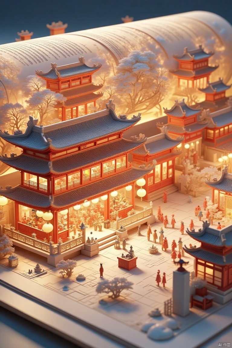 NYSS,NYZG,Chinese architecture,
On one page of a book, a close-up of an ancient Chinese building can be seen depicting this Chinese New Year image, where the building is hung with lanterns and many Chinese characters are setting off firecrackers, visiting their families, interacting, and so on. The building is decorated with intricate carvings that add a touch of beauty to the image. The background is a soft blue color that contrasts with the architecture of the buildings.

