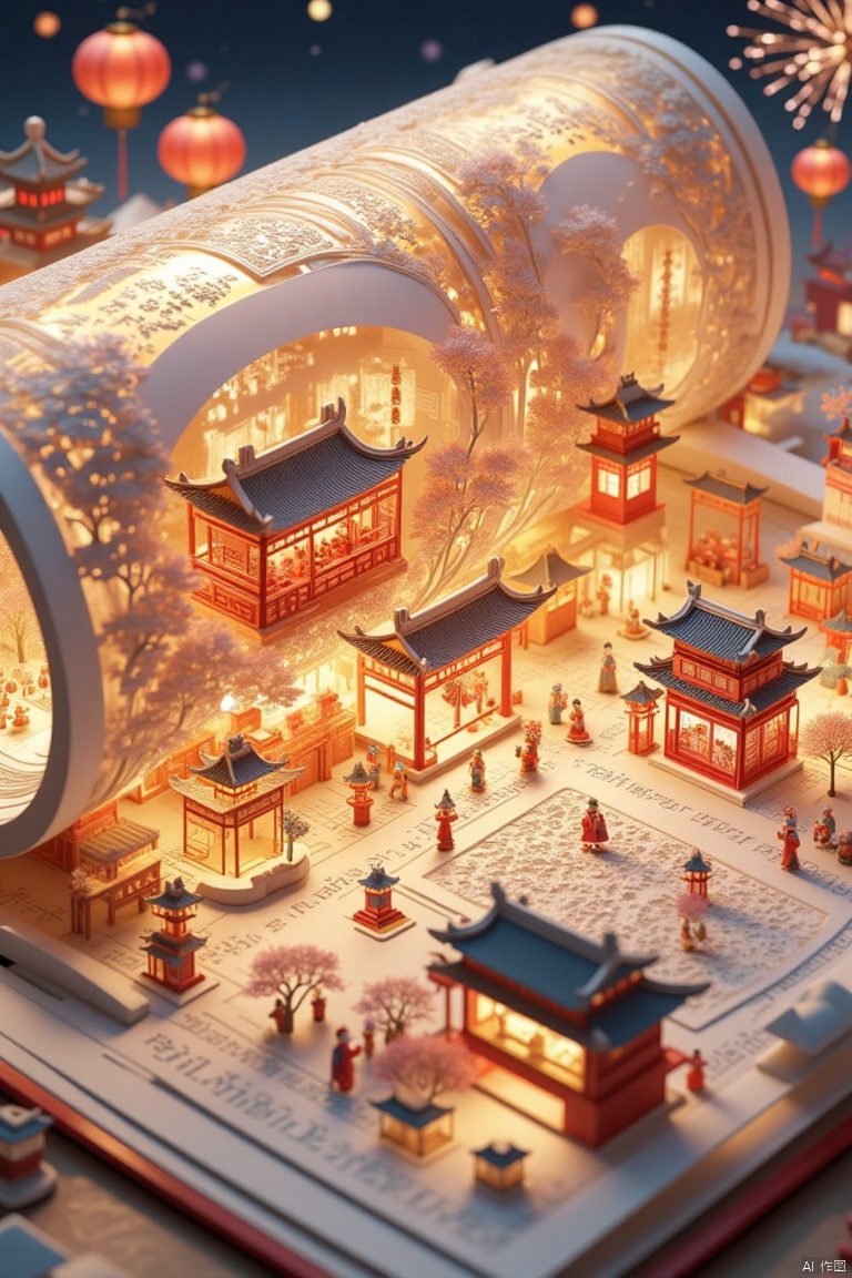 NYSS,NYZG,Chinese architecture,
A close-up of an ancient Chinese building can be seen on a page of a book depicting this Chinese New Year, with lanterns hanging from the ancient building, fireworks in the sky, the city a Chinese New Year festive red decorations, and many Chinese cartoon characters are outdoors setting off firecrackers, visiting friends, interacting, and more. The buildings are decorated with intricate carvings that add a touch of beauty to the image. In the background is a soft night sky and fireworks, contrasting with the architecture of the buildings.