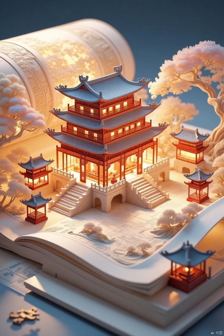 NYSS,NYZG,Chinese architecture,Chinese character,
a close-up view of a Chinese temple is seen on a page of a book. The temple is adorned with intricate carvings adding a touch of beauty to the scene. The background is a muted blue creating a stark contrast to the temple's architecture.