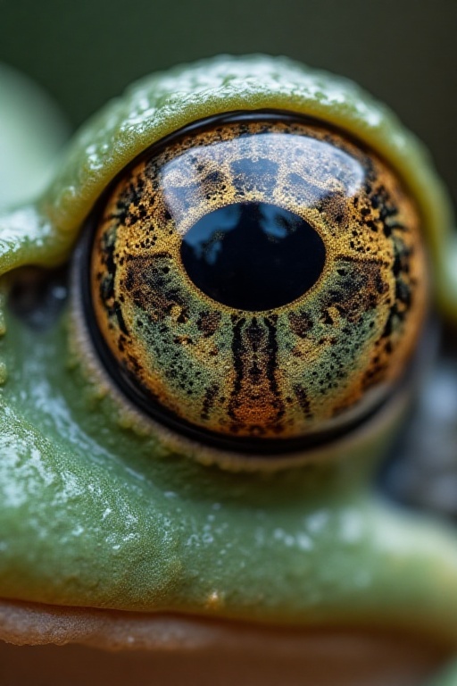 Photograph a close-up of a frog’s eye,  capturing the intricate patterns and reflections within the iris. Use a macro lens...