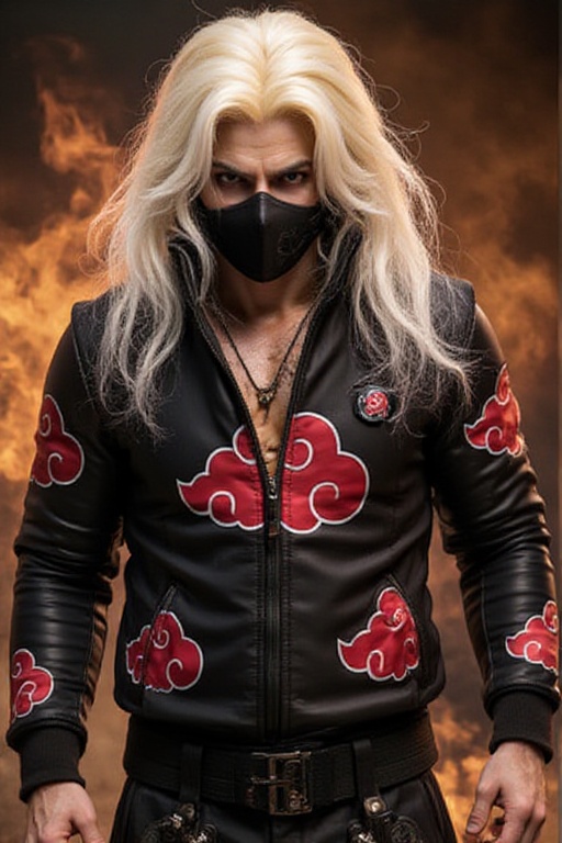 immortan joe,  wear akatsukiFYP,  zip black jacket with red cloud and white line patterns on Tensor.Art