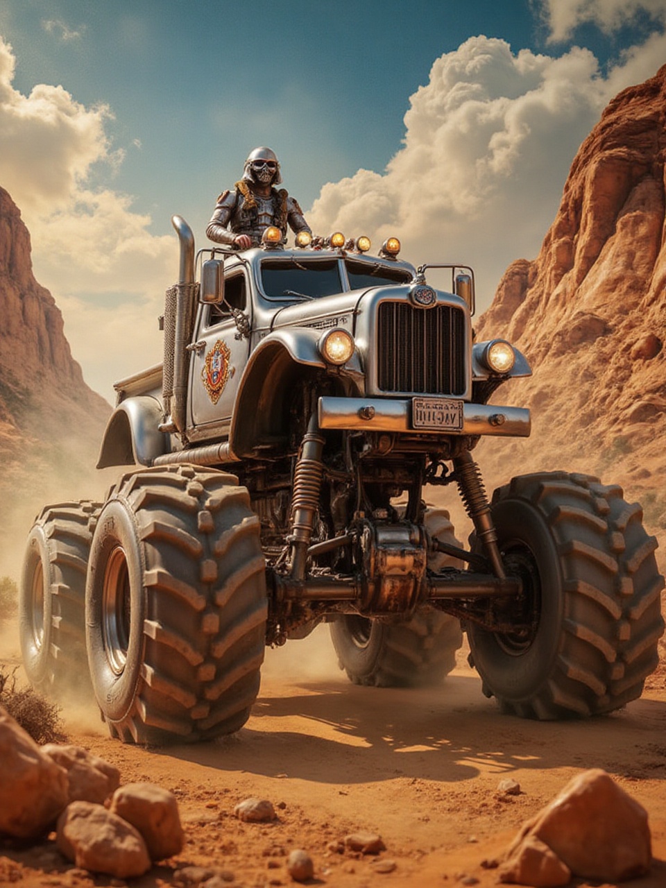 Photorealistic magnificent,  IMMORTANT JOE,  chromed monster truck on Tensor.Art