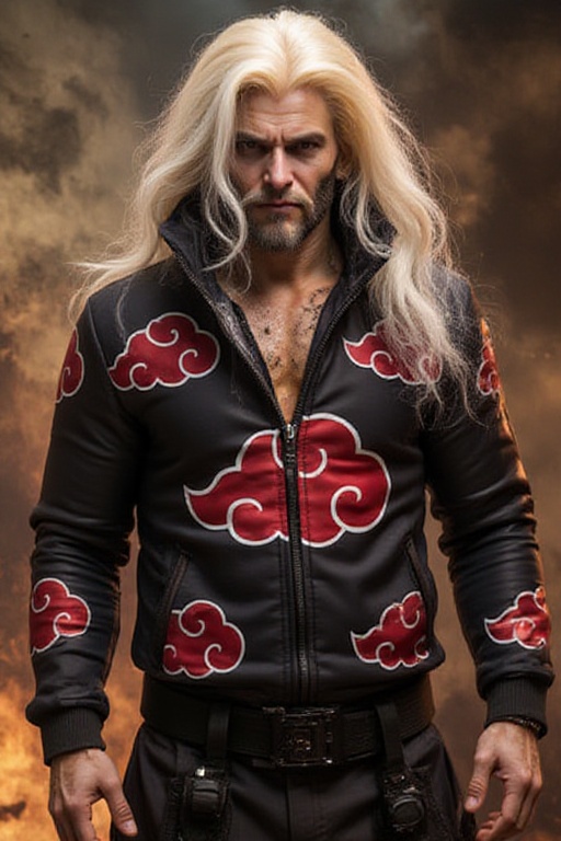 immortan joe,  wear akatsukiFYP,  zip black jacket with red cloud and white line patterns on Tensor.Art