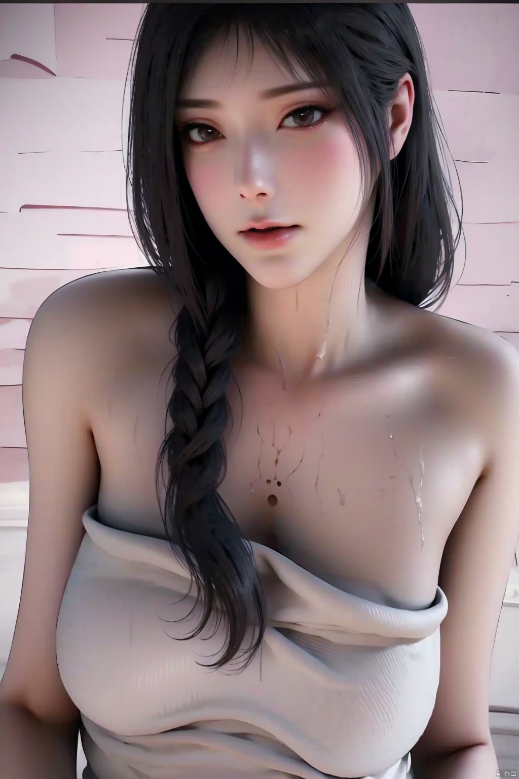 1girl
solo
long hair
breasts
looking at viewer
smile
open mouth
simple background
black hair
white background
bare shoulders
brown eyes
upper body
lips
wet
towel
realistic