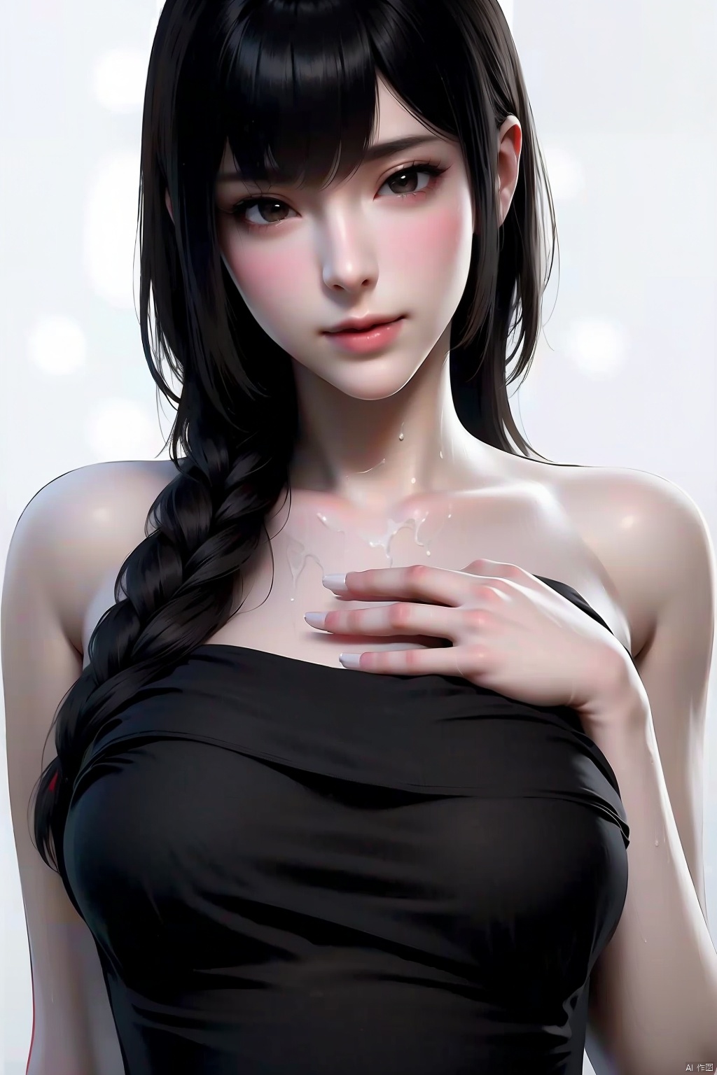 1girl
solo
long hair
breasts
looking at viewer
smile
open mouth
simple background
black hair
white background
bare shoulders
brown eyes
upper body
lips
wet
towel
realistic