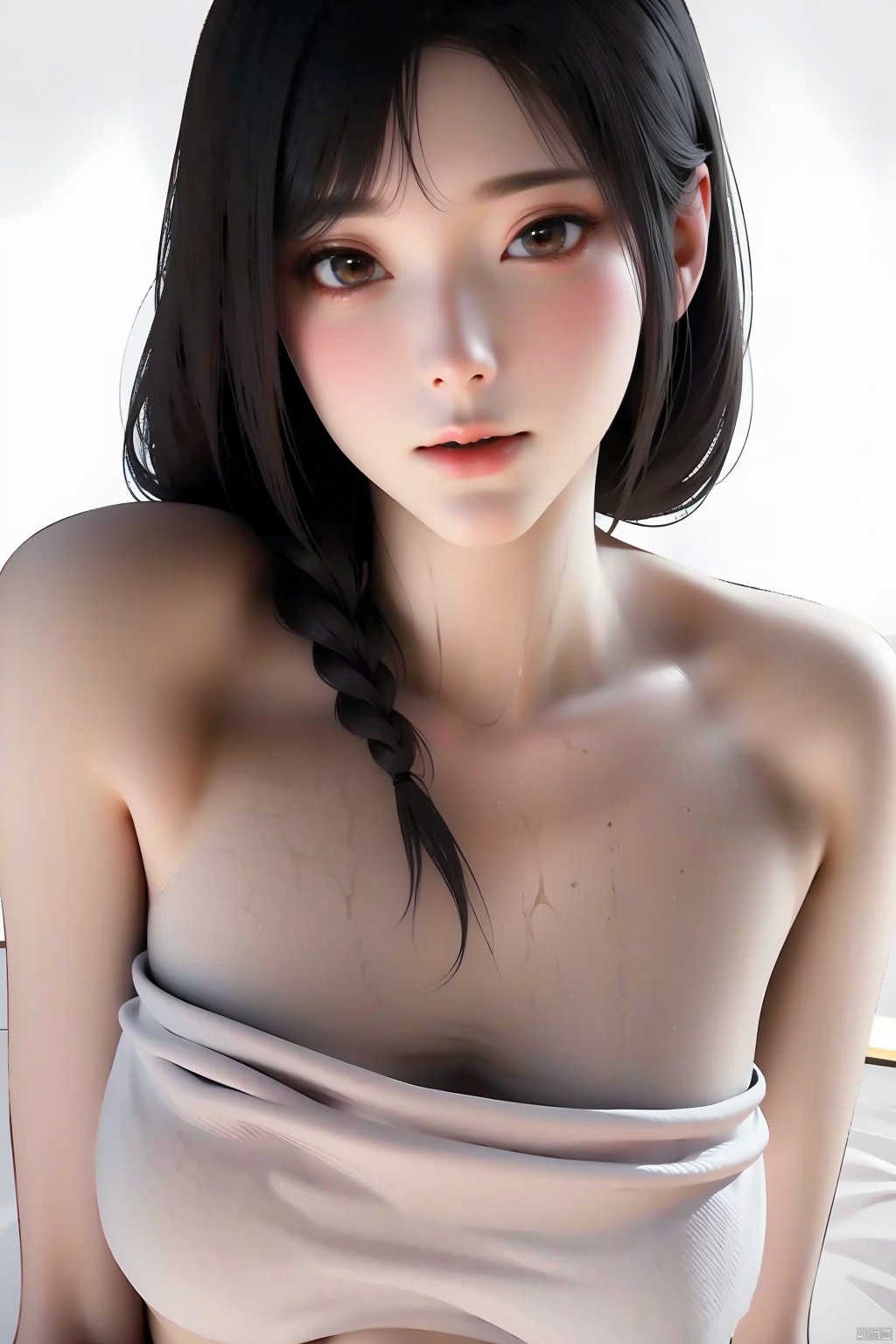 1girl
solo
long hair
breasts
looking at viewer
smile
open mouth
simple background
black hair
white background
bare shoulders
brown eyes
upper body
lips
wet
towel
realistic