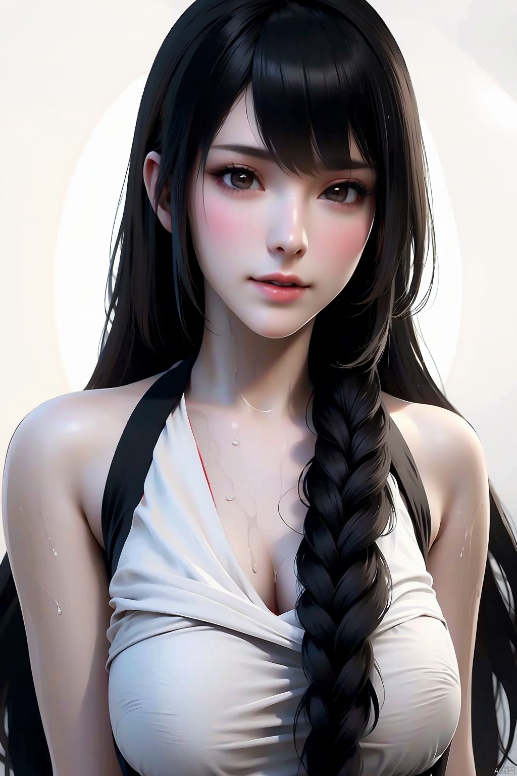 1girl
solo
long hair
breasts
looking at viewer
smile
open mouth
simple background
black hair
white background
bare shoulders
brown eyes
upper body
lips
wet
towel
realistic