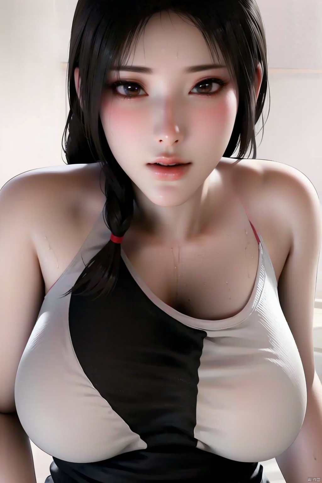 1girl
solo
long hair
breasts
looking at viewer
smile
open mouth
simple background
black hair
white background
bare shoulders
brown eyes
upper body
lips
wet
towel
realistic