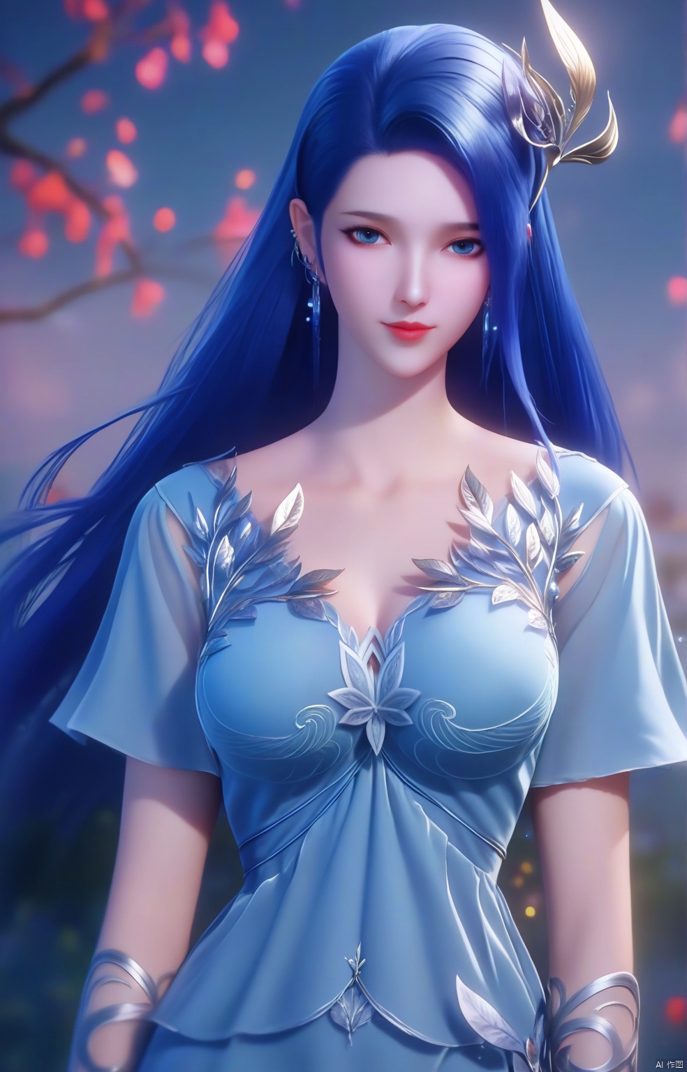 parametersscore_9,score_8_up,score_7_up,source_anime,
1girl, solo, long hair, breasts, looking at viewer, blue eyes, hair ornament, dress, jewelry, blue hair, upper body, earrings, blue dress, 
highly detailed,ultra-high resolution,32K UHD,sharp focus,best-quality,masterpiece,