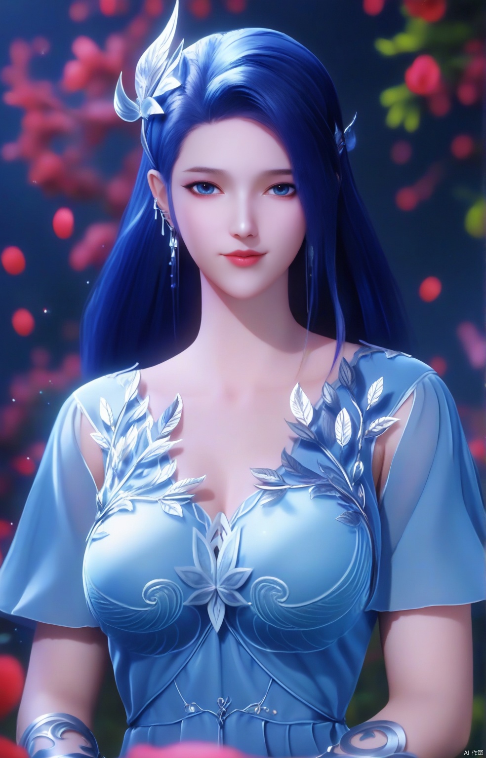 parametersscore_9,score_8_up,score_7_up,source_anime,
1girl, solo, long hair, breasts, looking at viewer, blue eyes, hair ornament, dress, jewelry, blue hair, upper body, earrings, blue dress, 
highly detailed,ultra-high resolution,32K UHD,sharp focus,best-quality,masterpiece,