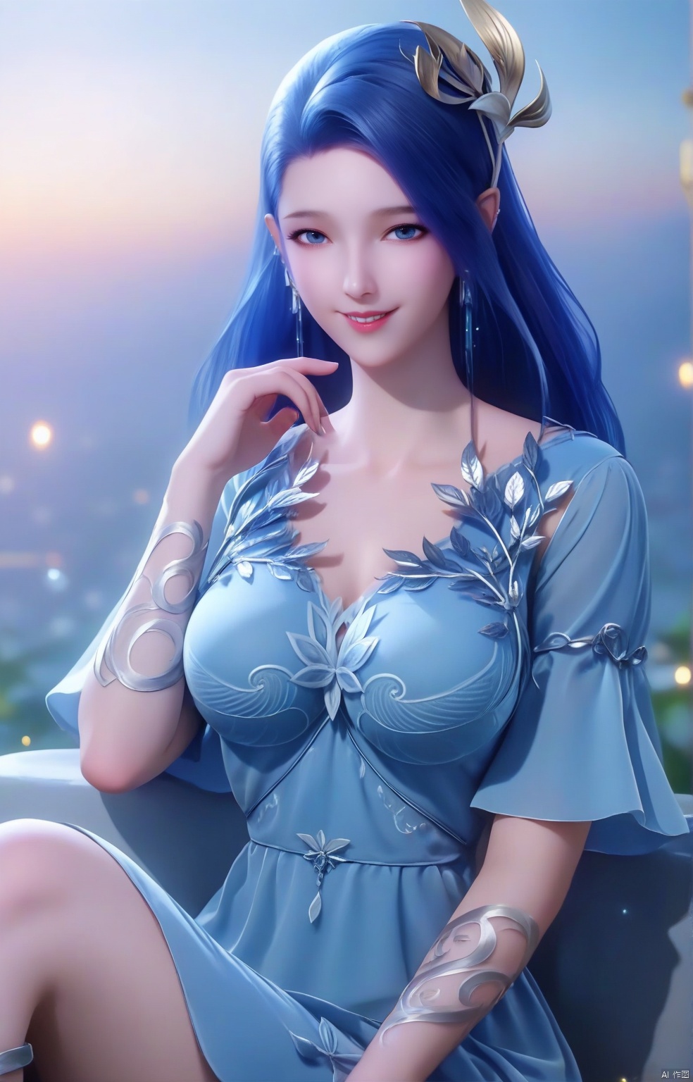 parametersscore_9,score_8_up,score_7_up,source_anime,
1girl, solo, long hair, breasts, looking at viewer, smile, blue eyes, hair ornament, dress, jewelry, sitting, blue hair, upper body, earrings, blue dress, 
highly detailed,ultra-high resolution,32K UHD,sharp focus,best-quality,masterpiece,