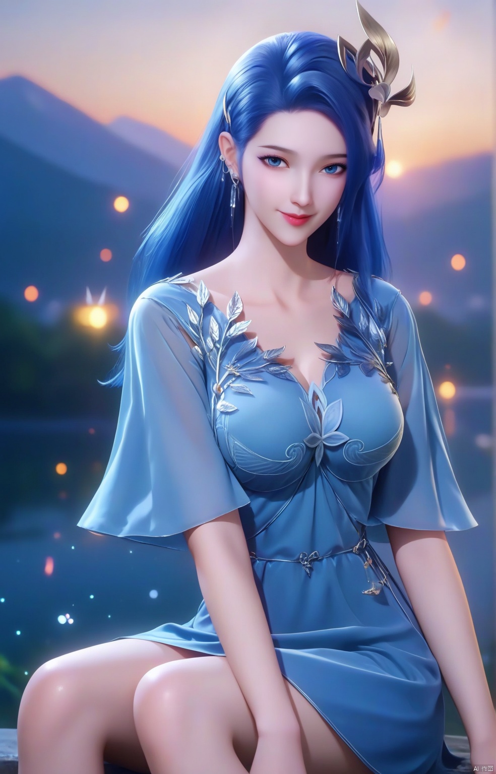parametersscore_9,score_8_up,score_7_up,source_anime,
1girl, solo, long hair, breasts, looking at viewer, smile, blue eyes, hair ornament, dress, jewelry, sitting, blue hair, upper body, earrings, blue dress, 
highly detailed,ultra-high resolution,32K UHD,sharp focus,best-quality,masterpiece,